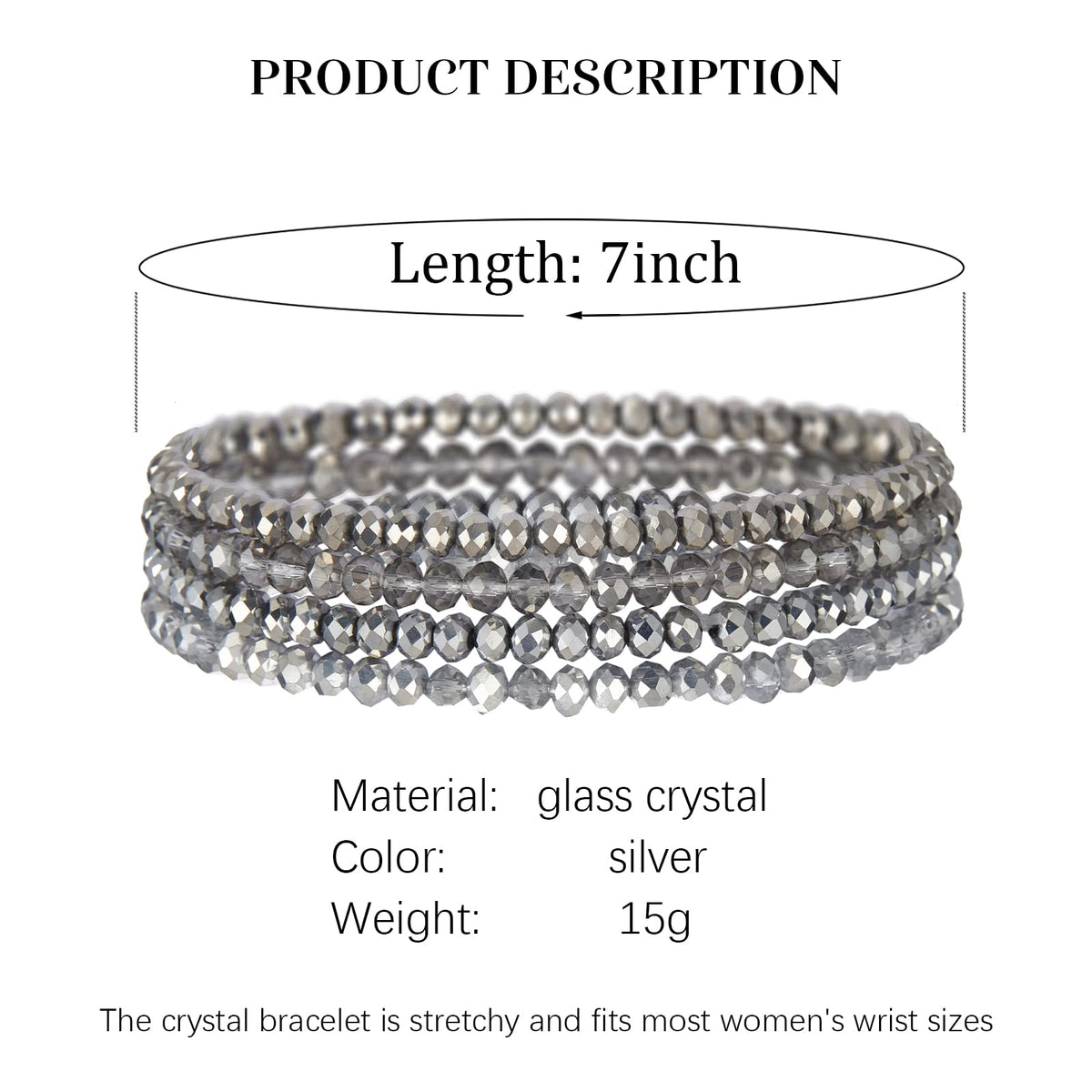 Noessla Beaded Boho Stretch Bracelet Colorful Stackable Crystal Beads Bracelets Trendy Costume Jewelry Mothers Day Gifts for Women(Silver)