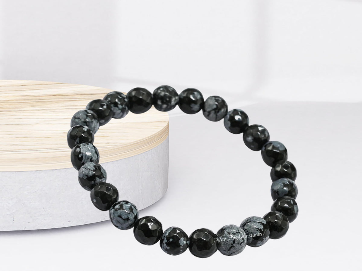 Amazing Gemstone Snowflake Obsidian Bracelet for Women - Chakra Mens Bracelet Protection Crystals and Healing Stones - Blessing Spiritual Meditation Stocking Stuffers (Faceted Beaded Bracelet)