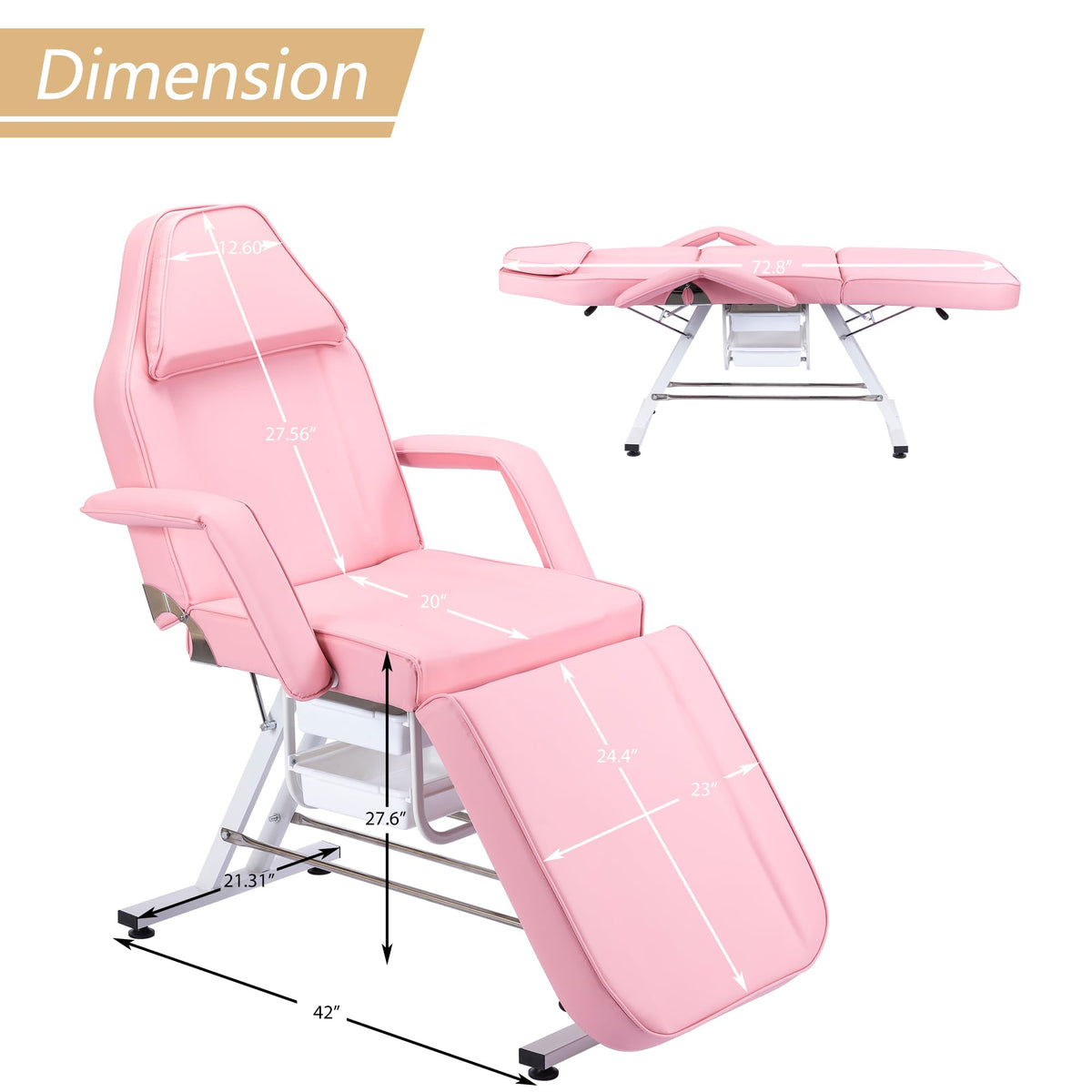 Massage Salon Tattoo Chair with Two Trays Esthetician Bed with Hydraulic Stool,Multi Purpose 3 Section Facial Bed Table, Adjustable Beauty Barber Spa Beauty Equipment, Pink