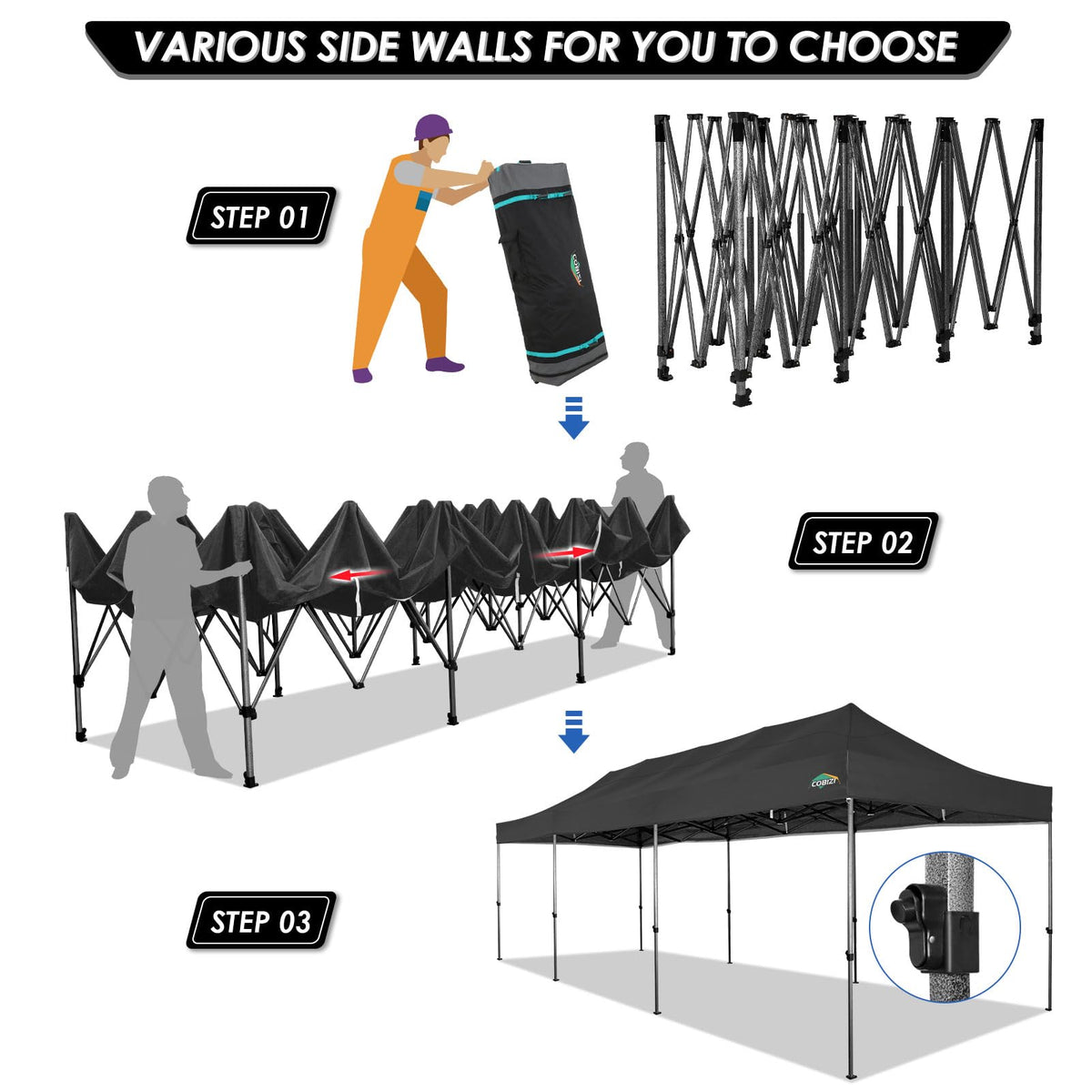 COBIZI 10x30 Pop up Canopy with 8 Removeable Sidewalls, Heavy Duty Party Tents for Parties, Events and Weddings, UPF 50+ Waterproof Commercial Tent with Roller Bag, Black (Windproof Upgraded)