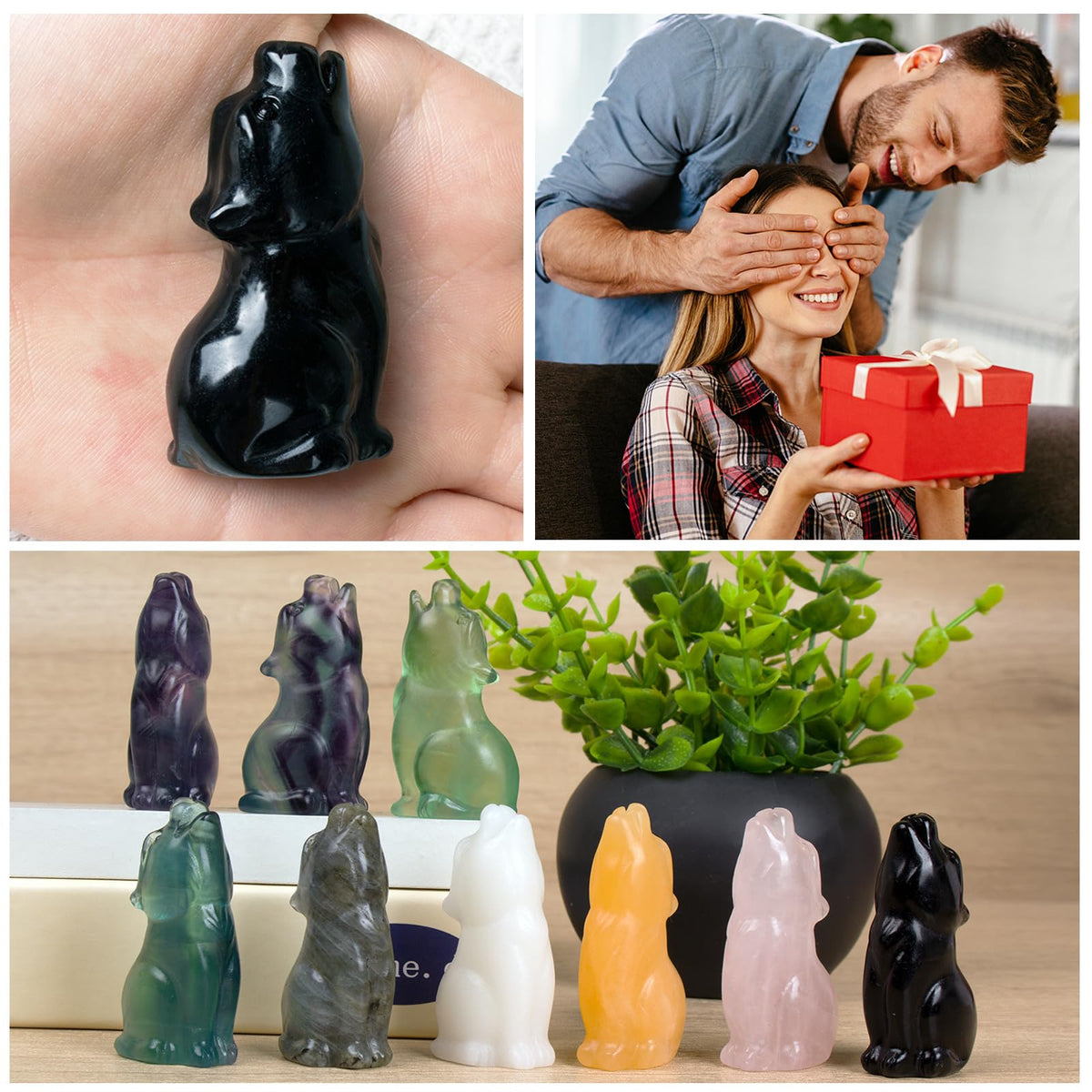 QLRSUXN Obsidian Howling Wolf Crystal Figurines, 2.2 Inch Black Wolf Totem Spirit Animal Statue Decor for Home Office Desk Altar, Hand Carved Natural Healing Crystal Sculpture Gifts for Women Men