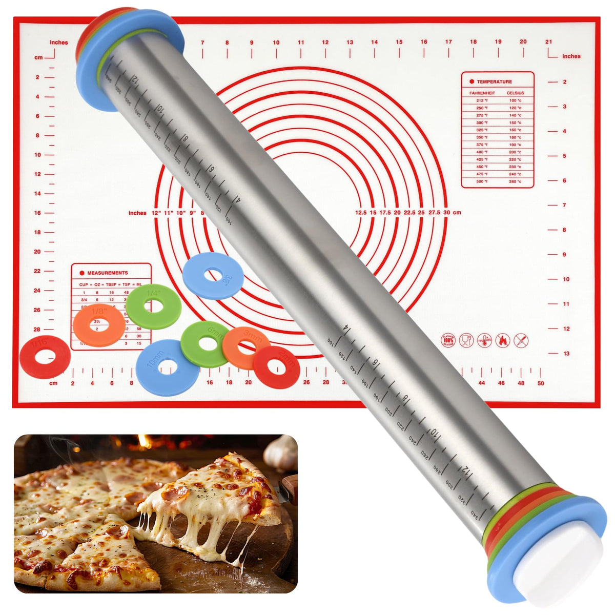 Rolling Pin and Pastry Baking Mat Set, Stainless Steel Dough Roller with Adjustable Thickness Rings & Clear Scale Markings, Ideal for Home Kitchen Baking Fondant, Pizza, Pie, Pastry, Pasta, Cookies
