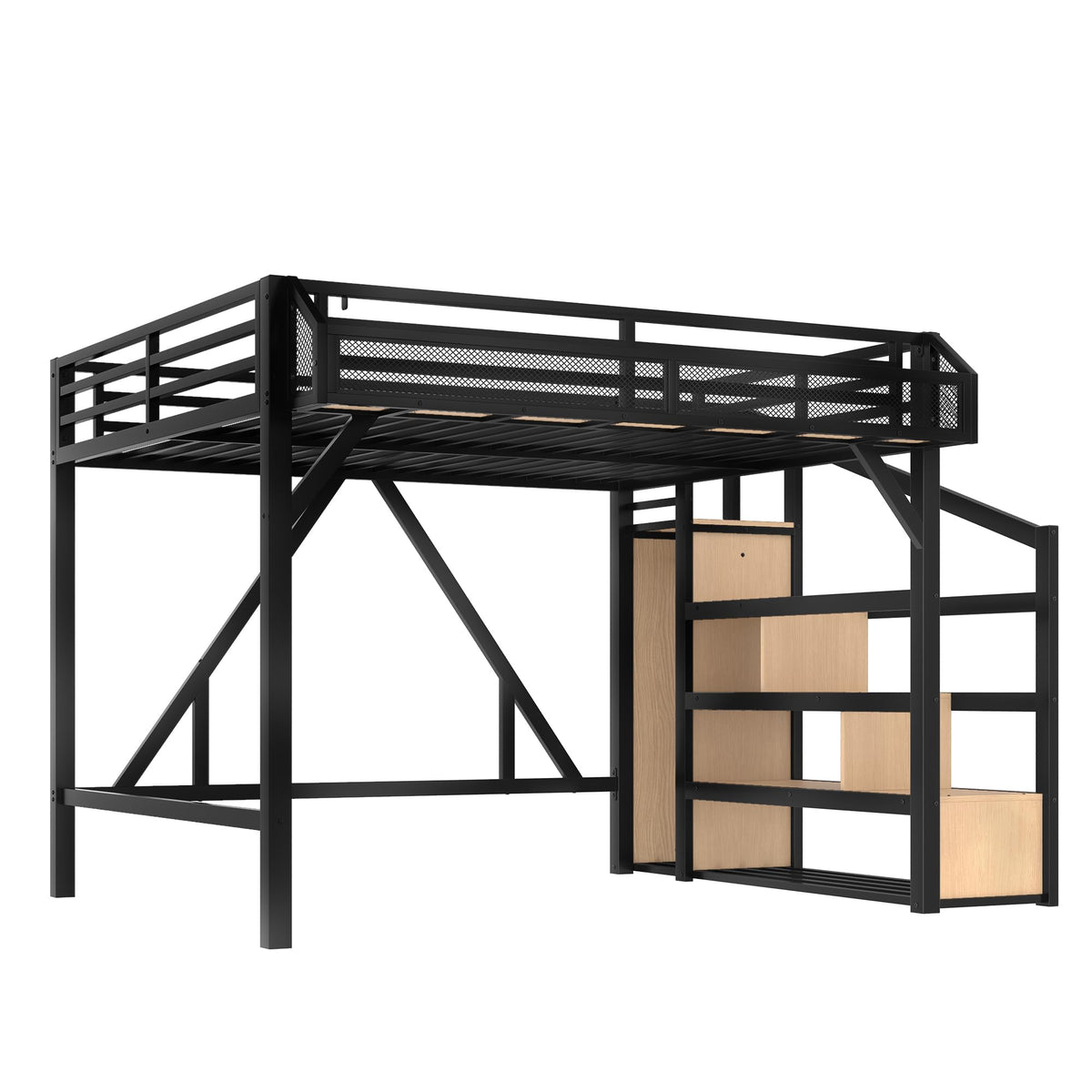 Bellemave Queen Size Loft Bed with Storage Stairs, Beside Shelves and Wardrobe, Queen Metal Loft Bed Frame with USB Ports and LED Lights, Large Under-Bed Space, for Adults,Teens,Boys,Girls, Natural