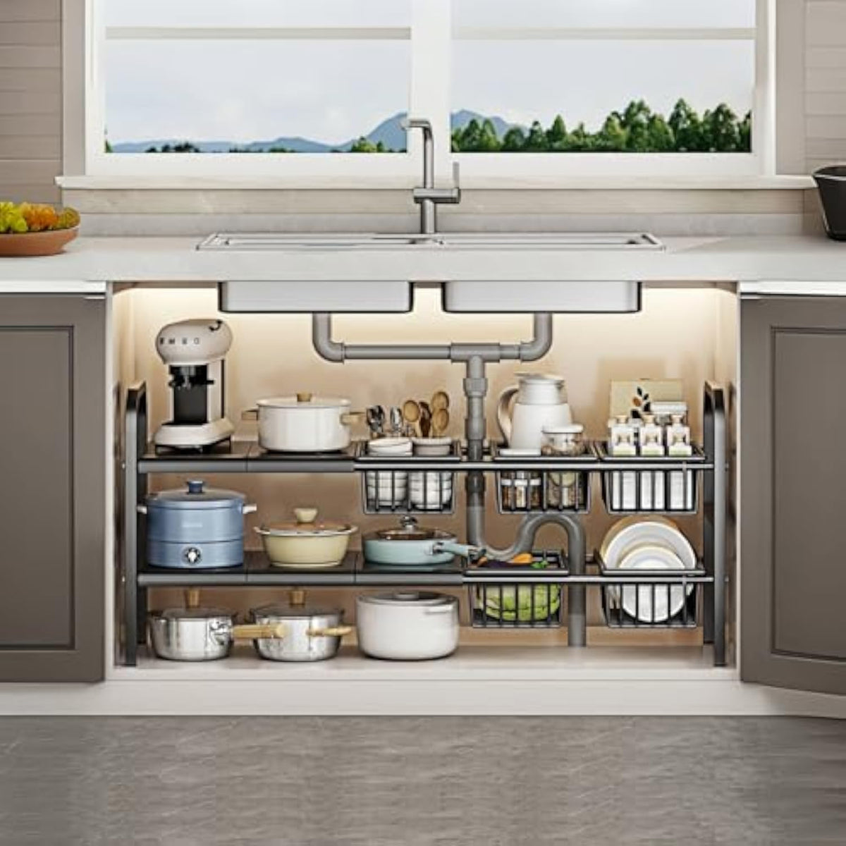 Fliqor Under Sink Organizer，2 Tier Expandable Heavy Duty Metal Shelf，with 5 Removable Panels and 5 Storage Basket for Under Kitchen Bathroom Sink Organizers and Storage(Black, Large)