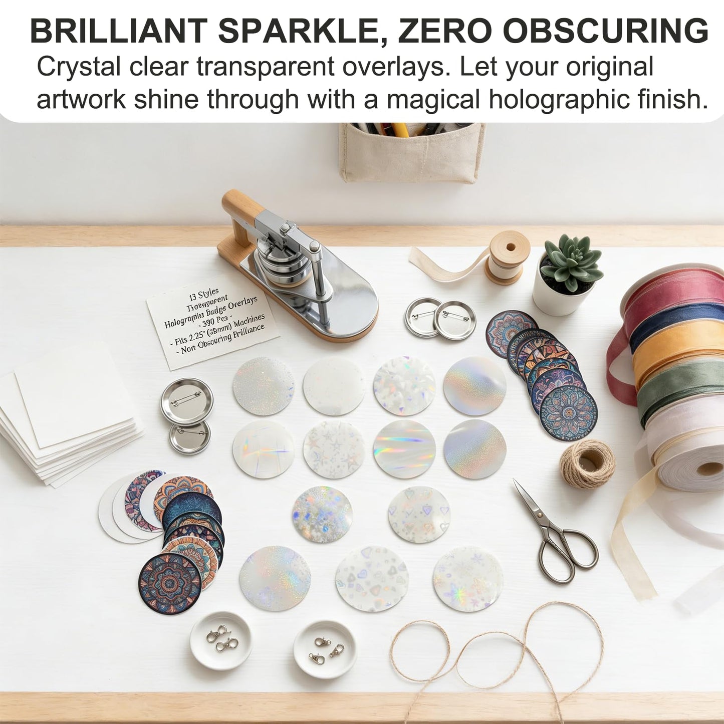 DAWZMR 390 Pcs Holographic Badge Film (13 Styles), Glitter Button Making Supplies for 2.25 Inch 58mm Machine, Round Badge Protective Film (Stars, Hearts, Broken Glass)