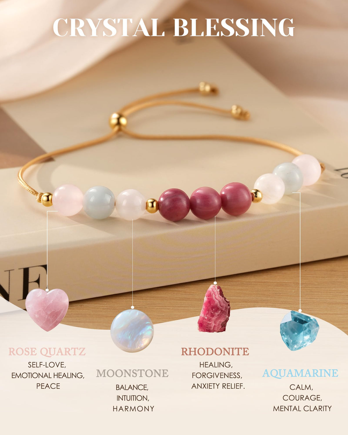 HGDEER Anxiety Relief Items Crystals Beaded Bracelets for Women, Stress Healing Moonstone Rose Quartz Stone Mental Health Gifts Anti Panic Attack Comfort Natural Spiritual Protection Calming