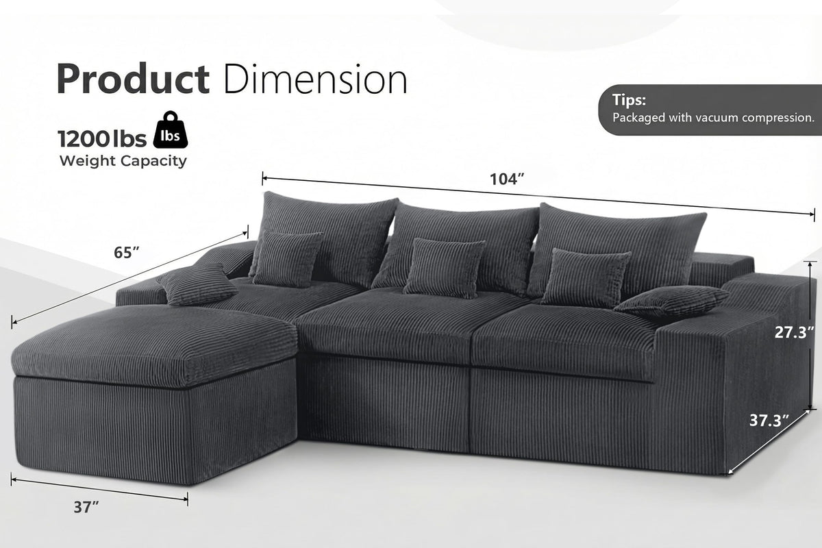 HABUTWAY 104" L Shaped Cloud Sectional Couch, Boneless Modular Sectional Sofa with Deep Seat, Corduroy Couches for Living Room, Modular Couch, No Assembly Required (Grey)