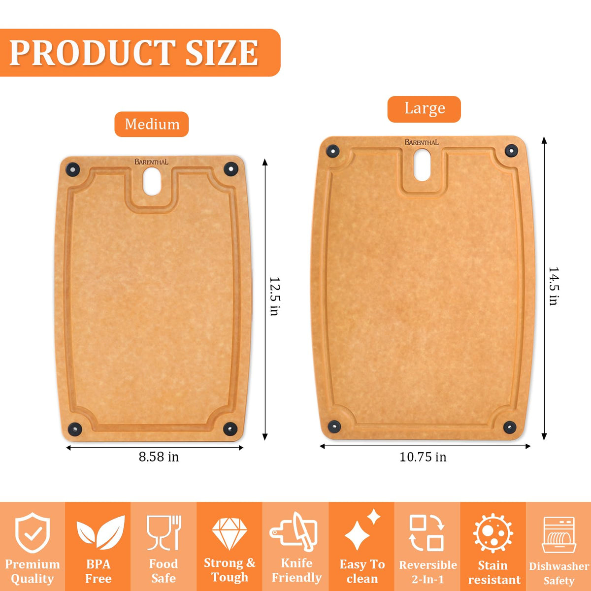 Barenthal Cutting Boards for Kitchen Dishwasher - 2PC Cutting Board Set Double-Sided with Non-Slip Feet and Juice Groove Composite Chopping Board for Kitchen Knife Friendly Cut Meat, Fruit,Vegetable