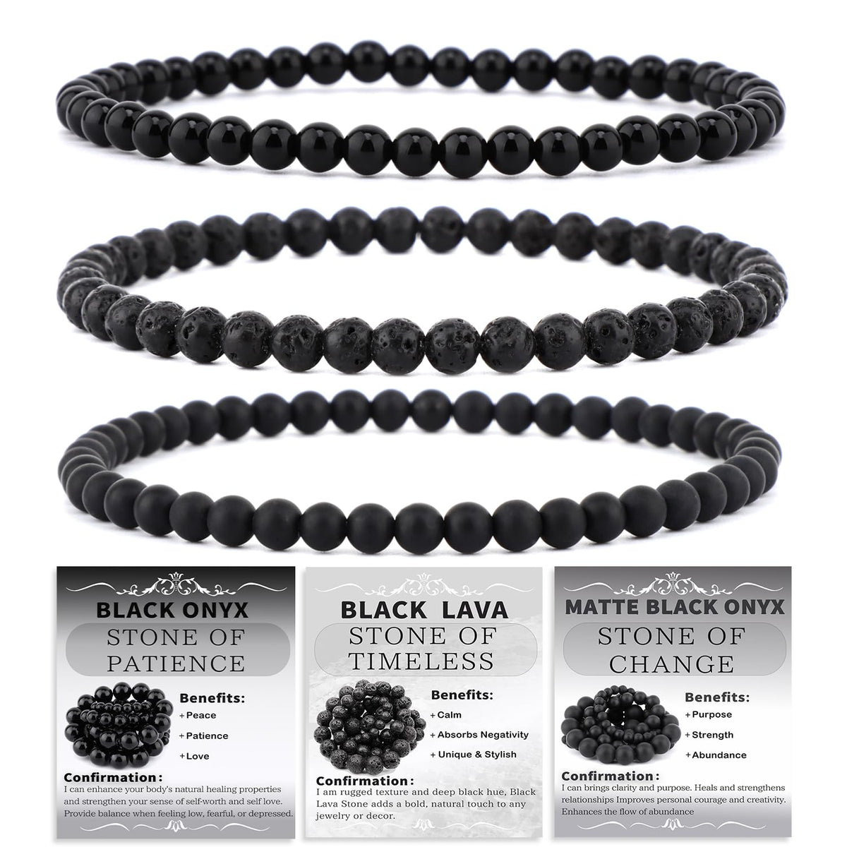 NCB 3-Piece 4mm Natural Crystal Gemstone Stretch Bracelets – ﻿Black Lava, Black Onyx, Matte Black Agate Handmade Reiki Energy Healing Jewelry for Meditation,Yoga, Unisex