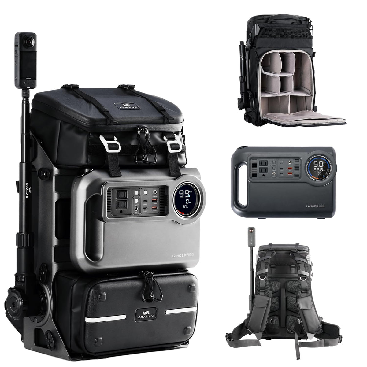 COALAX Lancer300 Pro Camera Backpack with 300W Power Station, Modular Creator Backpack with Magic Arm for Hands-Free POV Filming, Exoskeleton Camera Bag for Photography & Outdoor Production (Black)