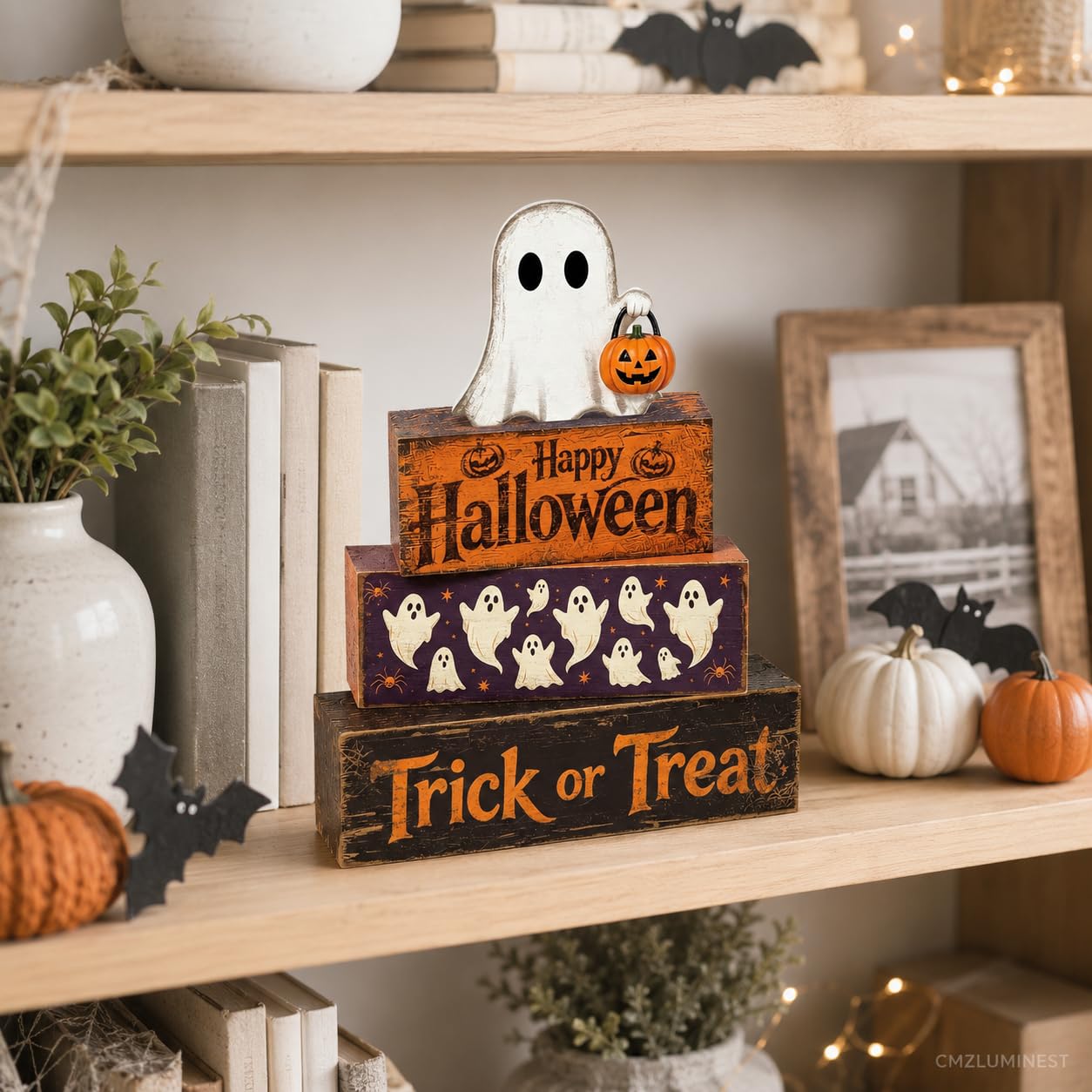 4 Pcs Halloween Table Decorations, Rustic Farmhouse Wooden Block Signs with Ghost & Jack-o'-Lantern, Trick or Treat Tiered Tray Decor, Happy Halloween Tabletop Centerpiece for Home Office Mantel Kitchen Shelf