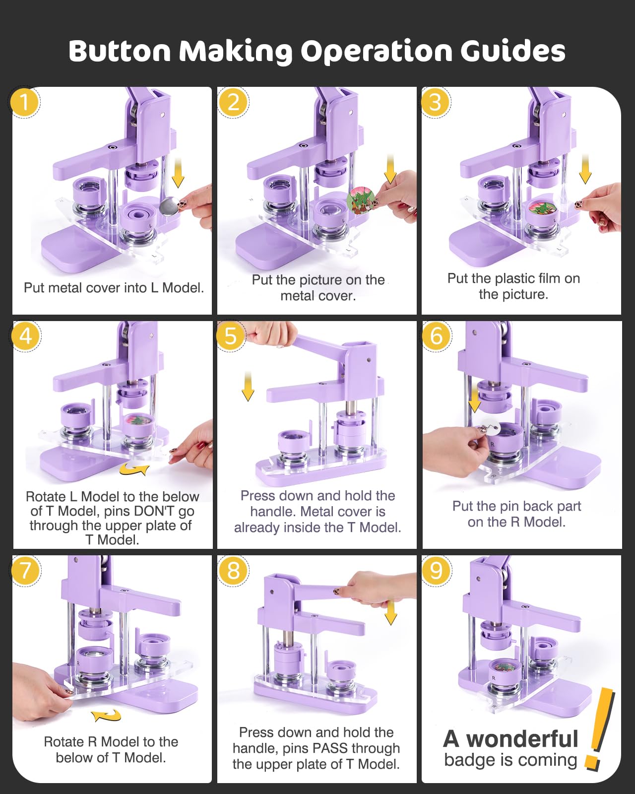 Alldeer Button-Maker-Machine Kit 32mm /1.25 inch, Button Press Machine 32mm, Easy-to-use Rotate Models, Pin Maker Kit with 100 Sets Plastic Supplies, DIY Small Badges, Starting Creative Project