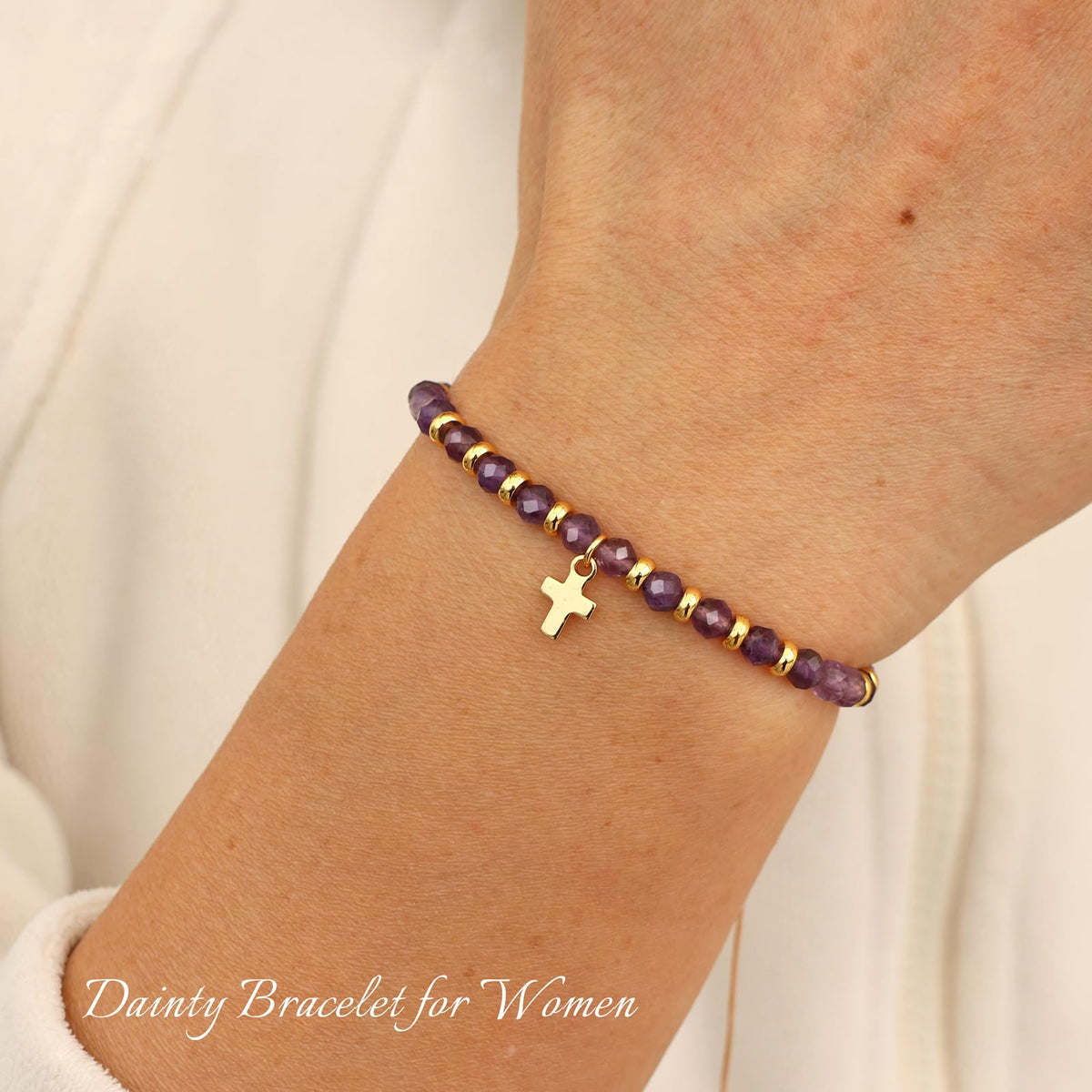 Raicegs Braided Amethyst Cross Crystal Bracelet Natural Stone Beaded Bracelet for Women Faith Jewelry Healing Bracelet Christian Gifts for Women Religious Gifts