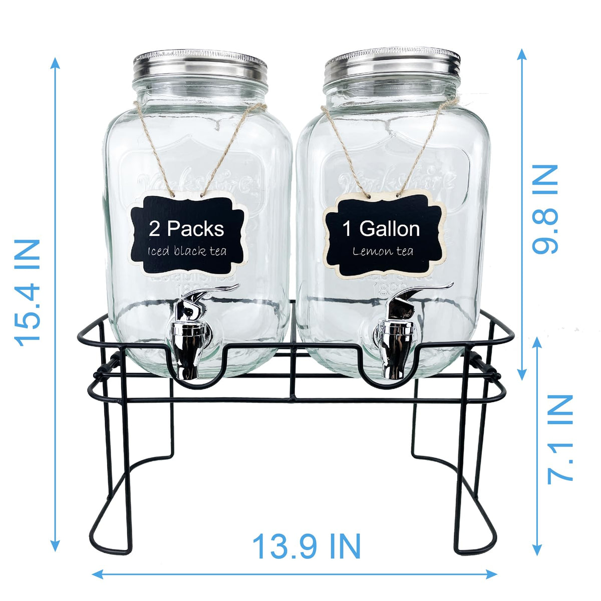1 Gallon Glass Drink Dispenser for Parties, 2 Packs Juice Lemonade Ice Tea Water Dispenser with Stand, HENABLE Beverage Dispensers with Spigot for BBQ, Picnic, Party