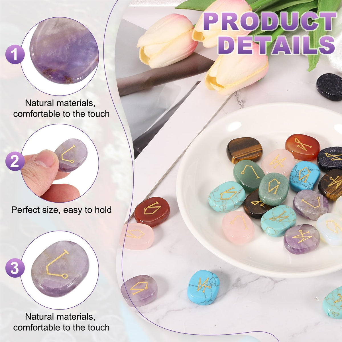 MECCANIXITY 4Pcs Engraved Chakra Stones with Reiki Symbols, Amethyst Reiki Healing Crystal Gemstone 7 Chakra Crystal Stones Tumbled Palm Stone for Anxiety Relieve
