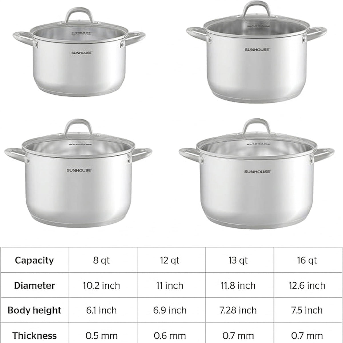 SUNHOUSE Stainless Steel Stock Pot - 11 Quart Heavy-Duty Induction Cooking Pot with Visible Lid for Pasta, Soup, Spaghetti - Nonstick Thick-Bottom Deep Stockpot for Canning, Boiling, and Simmering