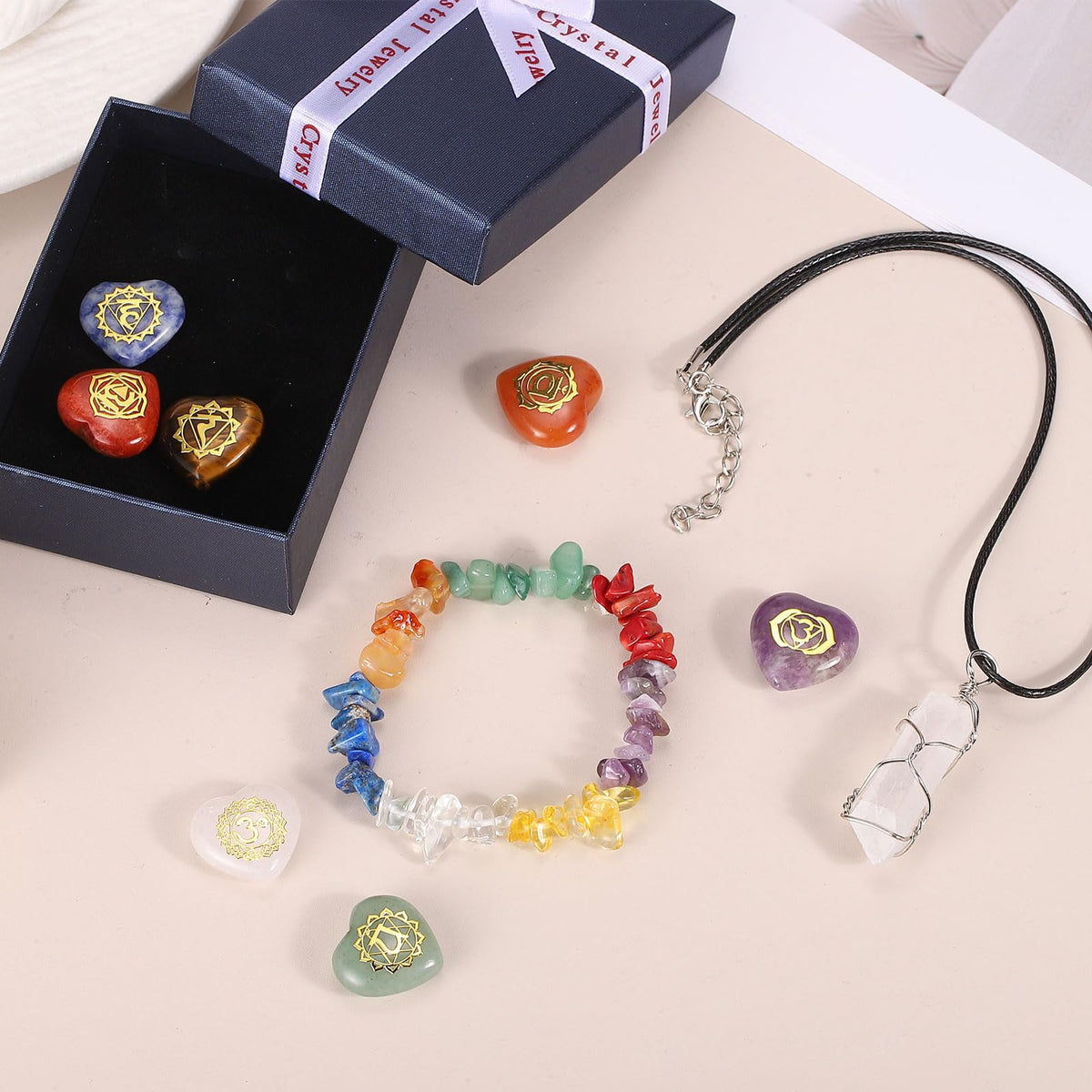 MECCANIXITY 7 Chakra Stone Set (Heart-Shaped) with Irregular Stone Bracelet & Necklace Gift Box for Healing Crystals Balancing Tumbled Palm Stone Meditation