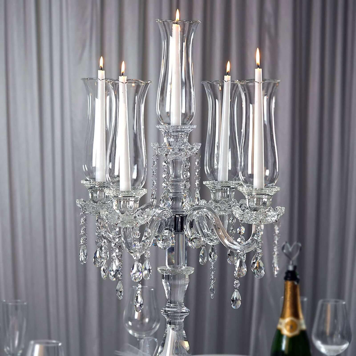Efavormart 5 Arm Premium Crystal Glass Taper Candle Holder Candelabra with Chandelier Chains 32"