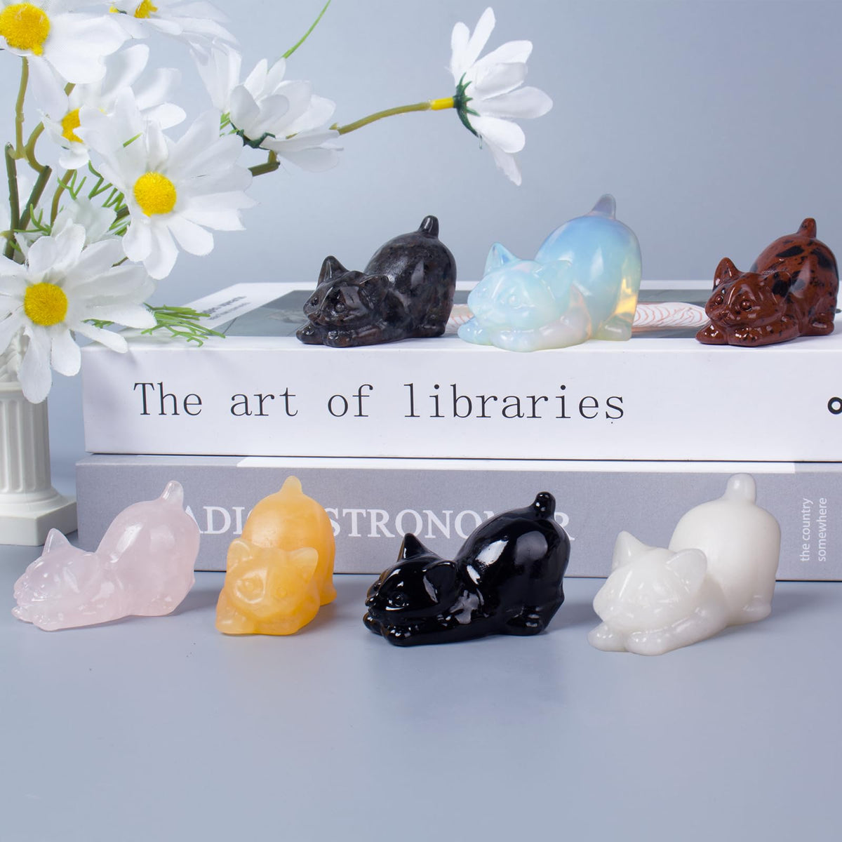 2 Inch White Jade Cat Crystal Figurines, White Kitten Statues for Kitten Lovers and Collectibles, Cat Decor Fingurines for Home Desk Office, Carved Healing Crystal Reiki Animal Gifts for Women
