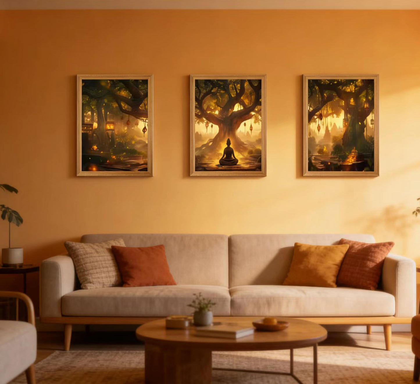 3Pcs Framed Buddha Under Bodhi Tree Canvas Wall Art，Zen Spiritual Wall Decor, Mystical Forest Lantern Poster for Living Room Bedroom Office