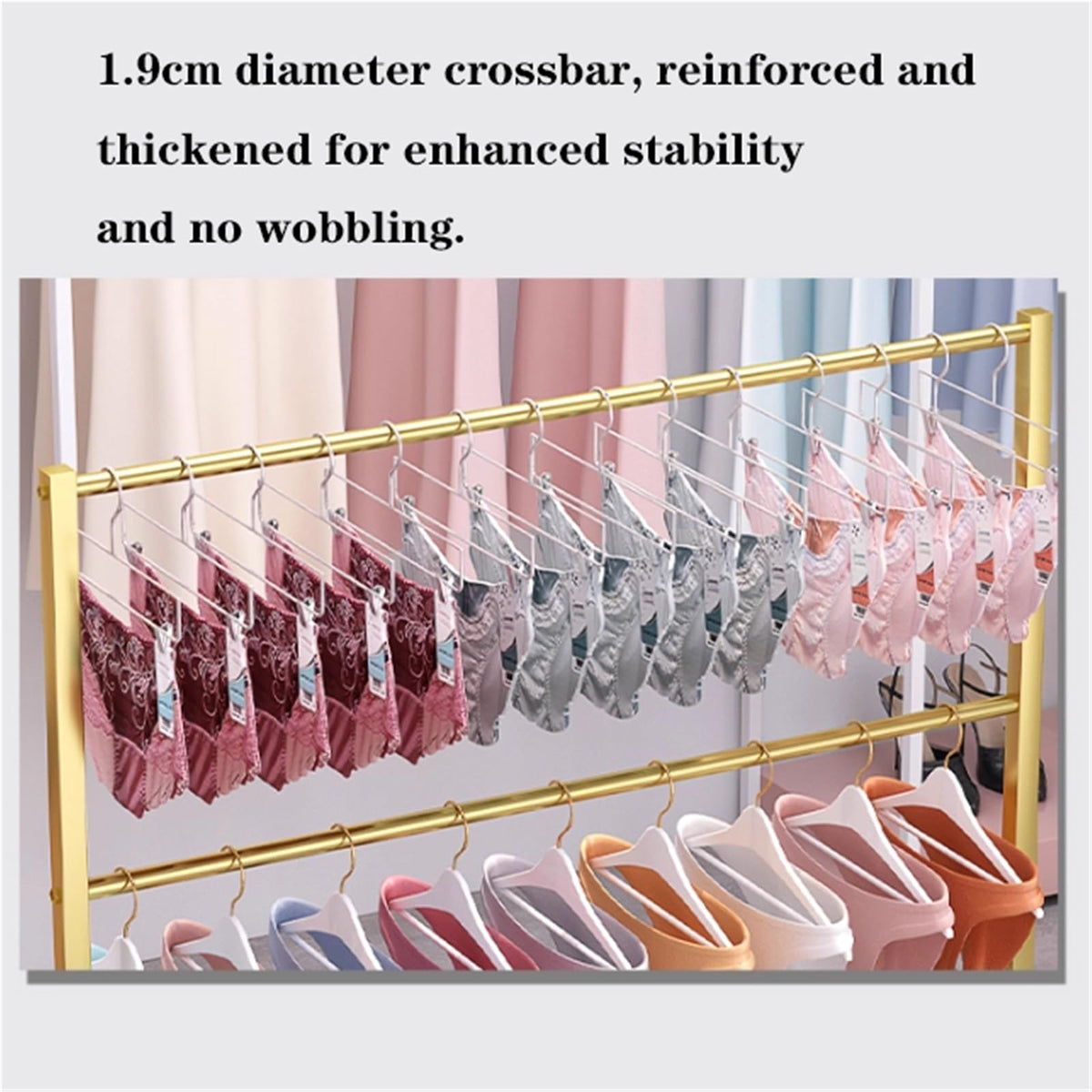 3 Tier Underwear Display Stand, Anti-Slip, Lingerie Bra Rack with Wheels, Metal, Retail Showshelves, Commercial Clothing Store Shelf, for Shorts,Hats, Sock(Gold,120 * 40 * 130cm)