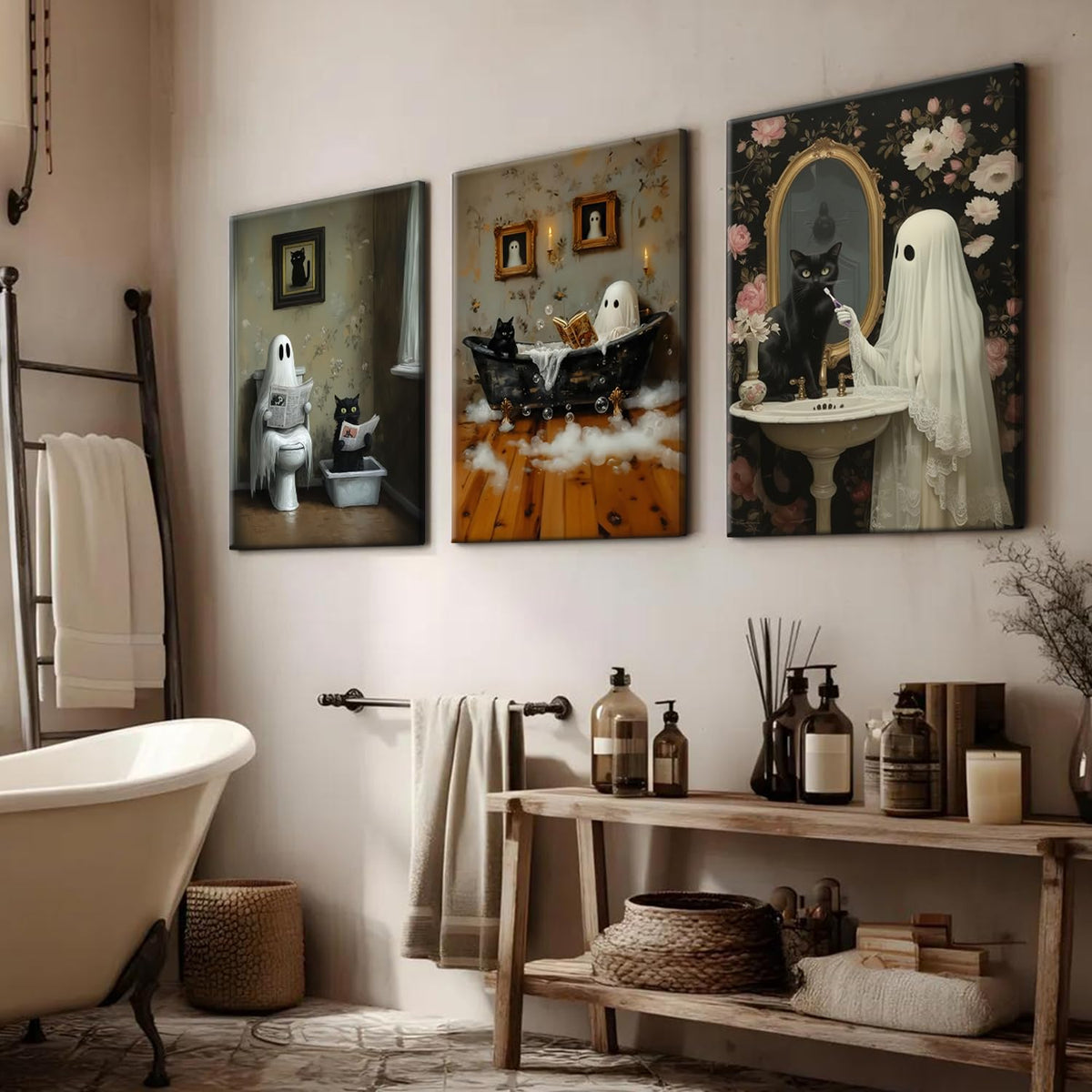 Halloween Ghost Bathroom Canvas Wall Art Set of 3, Funny Horror Ghost and Cute Black Cat in Bathtub Pictures Wall Decor, Gothic Dark Academia Paintings Prints for Toilet Dorm 16x24 inch Framed