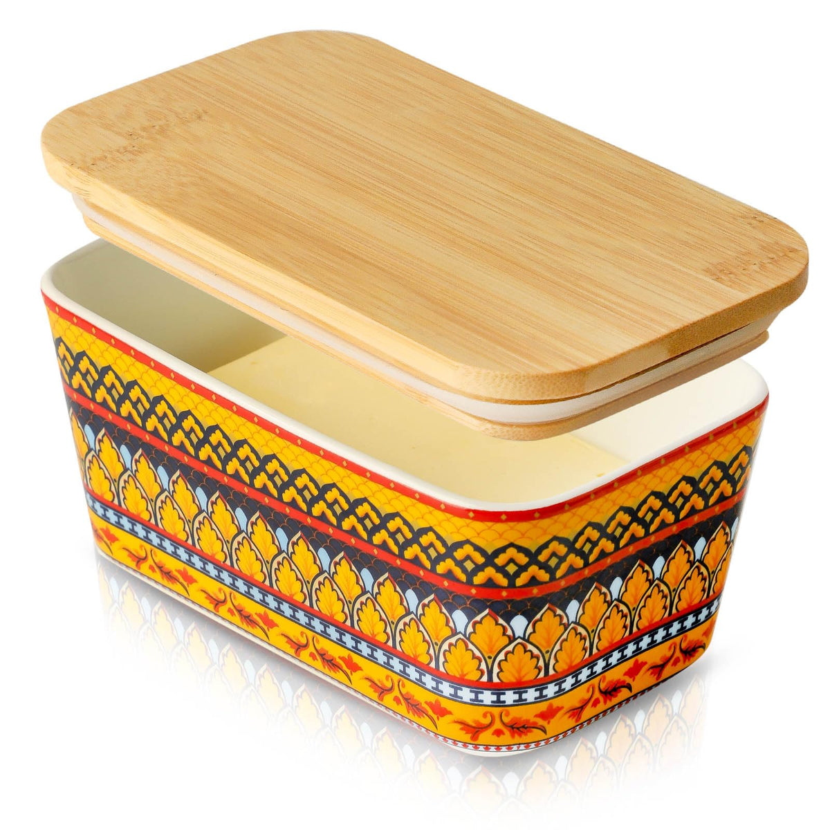 JINGUS Butter Dish, Large Ceramic Bohemian Butter Dish with Lid for Countertop, Airtight Butter Container Holder Keeper Box Storage with Bamboo Cover and Silicone Ring for East West Coast