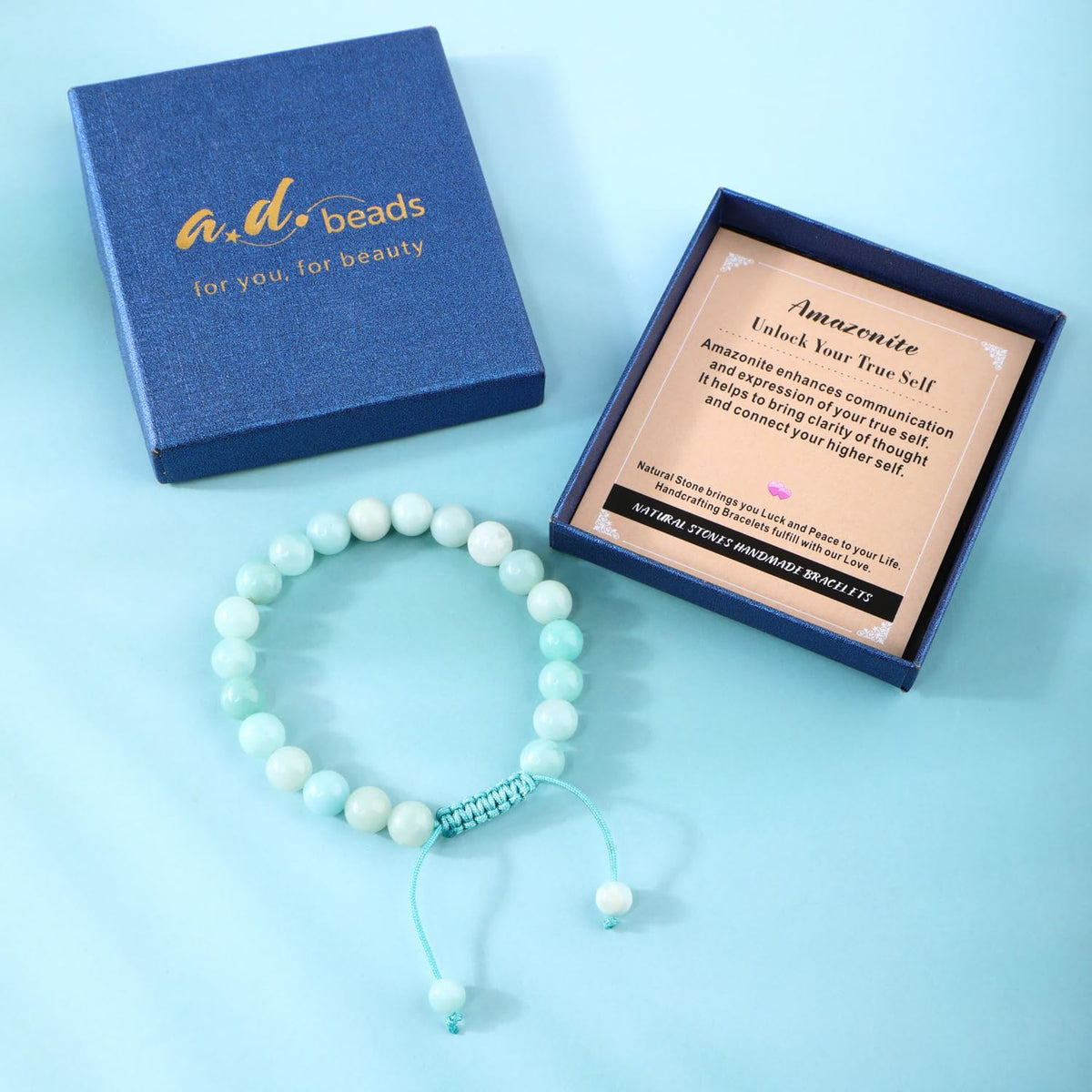 AD Beads 4mm Amazonite - Unlock Your Ture Self - Handmade Natural Stone Crystal Bracelet with Adjustable Macrame String - Yoga Healing Power Energy Gifts for Men and Women