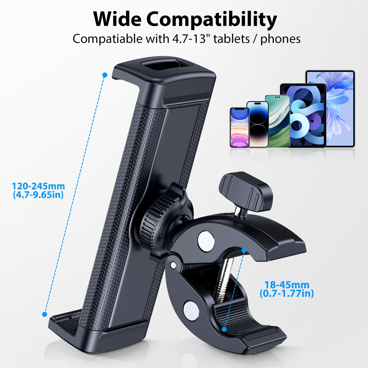 CreaDream Tablet Holder Mount for Spin Bike, Tablet Clamp for Treadmill, Indoor Stationary Bike, Stroller, Peloton, Gym Trainer Handlebar Stand Fit for iPad Pro/Air/Mini, Galaxy Tabs, Phones, 4.7-13"