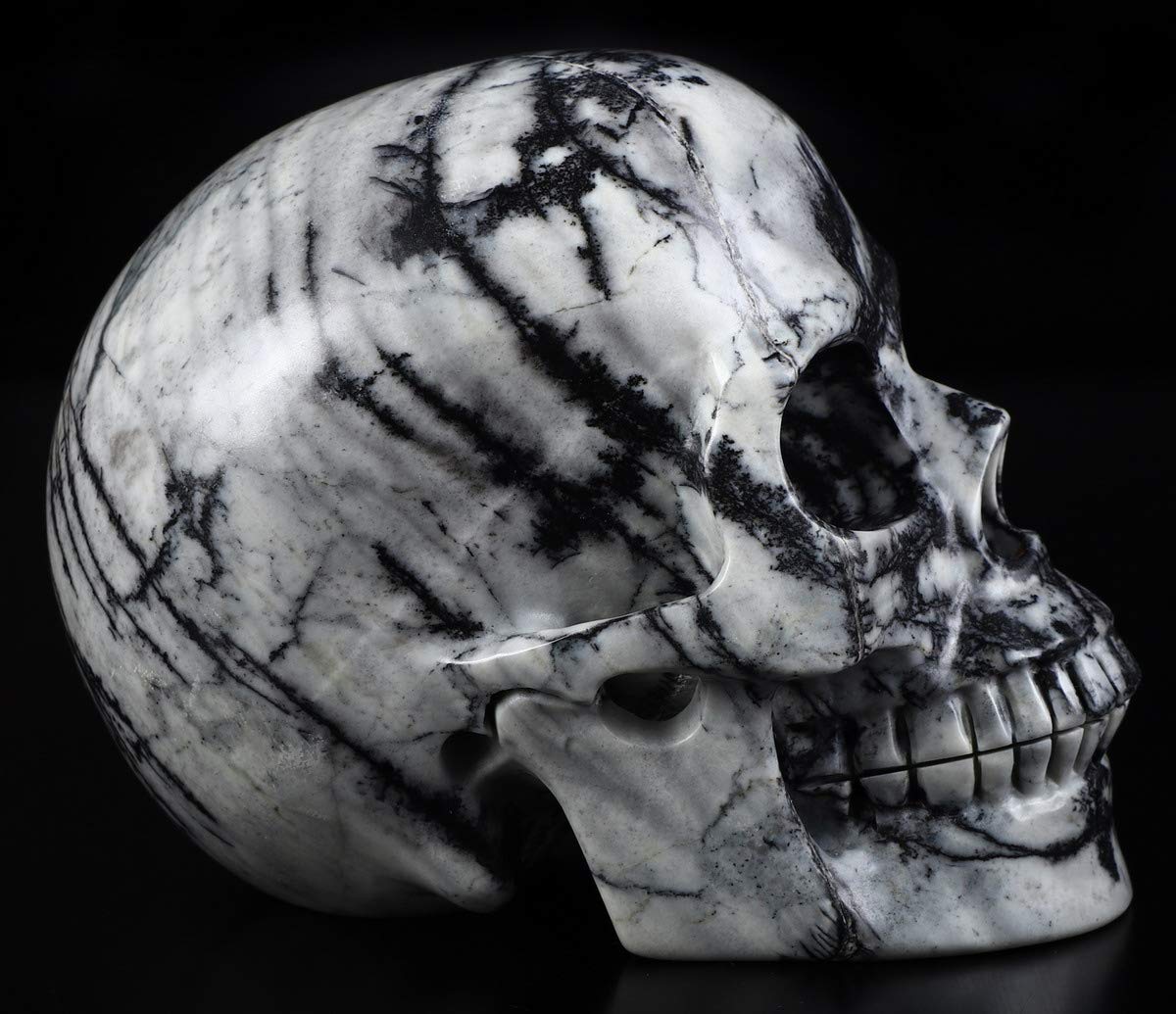 Skullis 5.0" Black Picasso Crystal Skull, Hand Carved Gemstone Fine Art Sculpture, Reiki Healing Stone Statue.