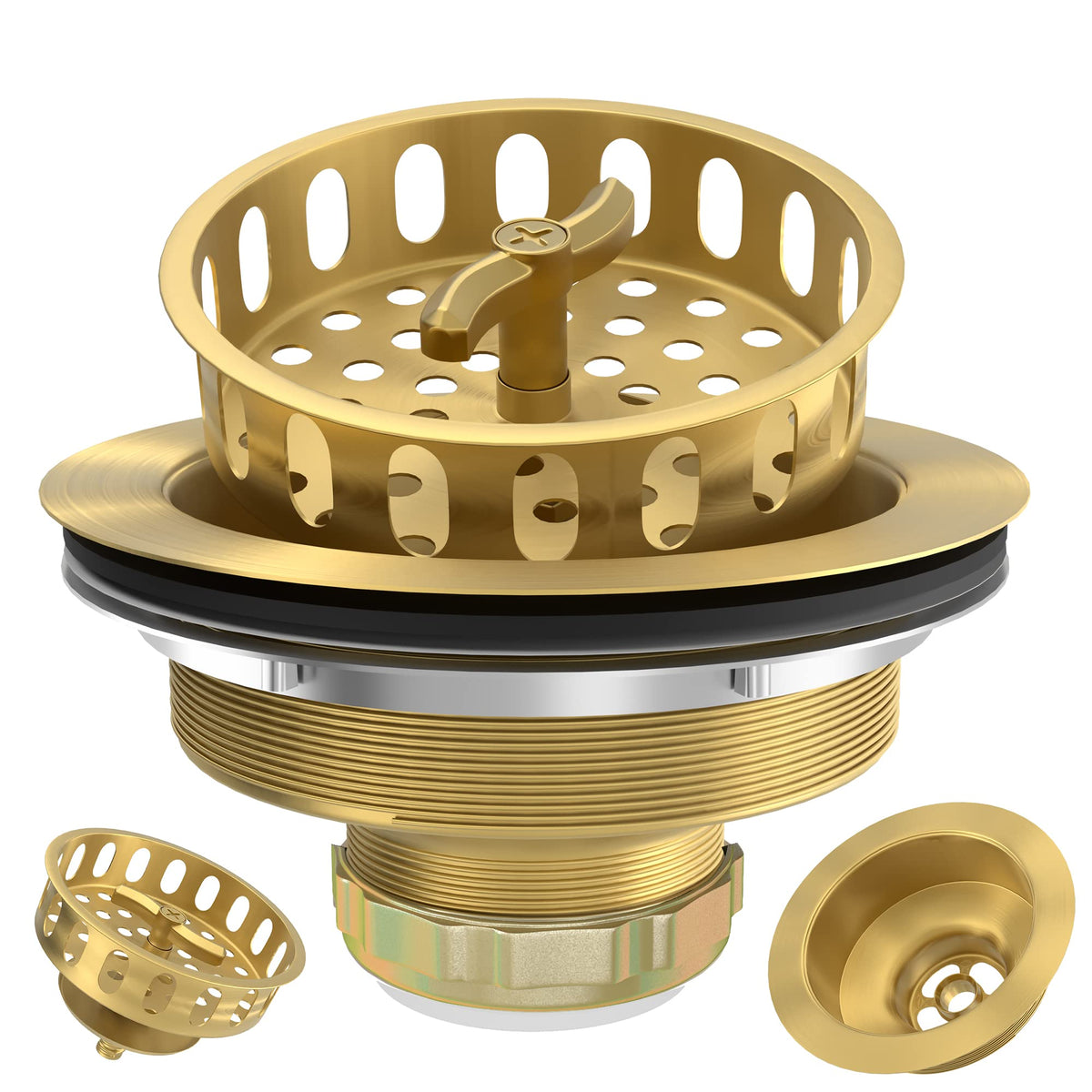 Exakey Gold Sink Drain Strainer 3-1/2 Inch Kitchen Sink Drain Assembly Kit with Stainless Steel Strainer Basket and Drain Stopper for Standard Kitchen Sink Brushed Gold