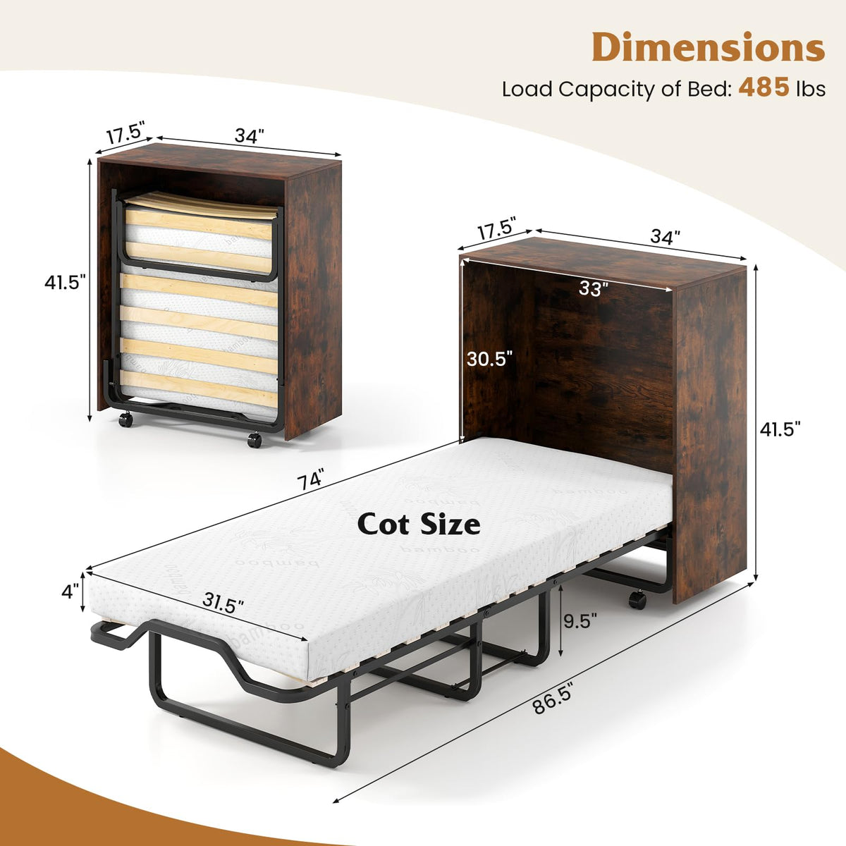 Giantex Murphy Bed Cabinet with Mattress - 74" x 31" Cot Size Folding Bed w/Storage, Metal Frame & Lockable Rolling Wheels, Space-Saving Roll Away Beds with Mattresses for Adults Guests (Rustic Brown)