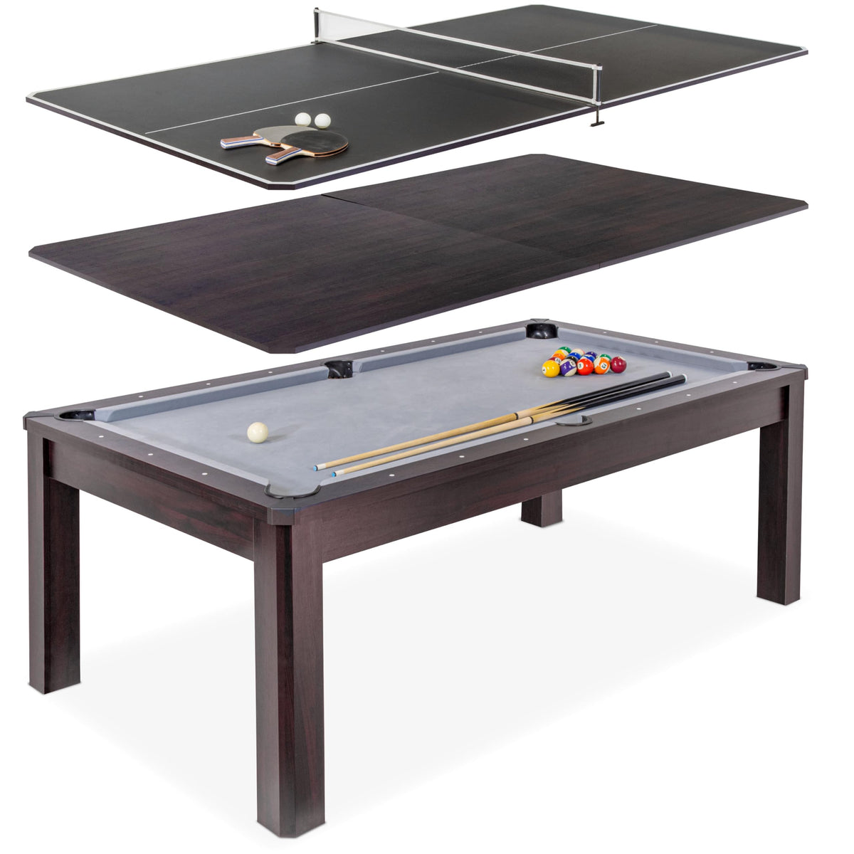 GoSports 7 ft 3 in 1 Pool, Dining, & Table Tennis Combo Table - Convertible Top Game Table with Billiards and Table Tennis Accessories