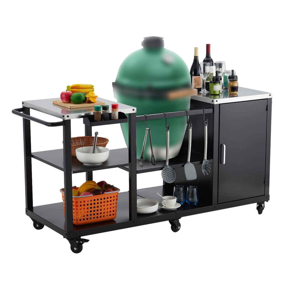Grill Cart for Big Green Egg Style BBQ, Heavy Duty Metal Outdoor Grill Station Prep Table with Storage,BBQ Prep Table with Stainless Steel Top, Storage Cabinet, Outdoor Kitchen Island