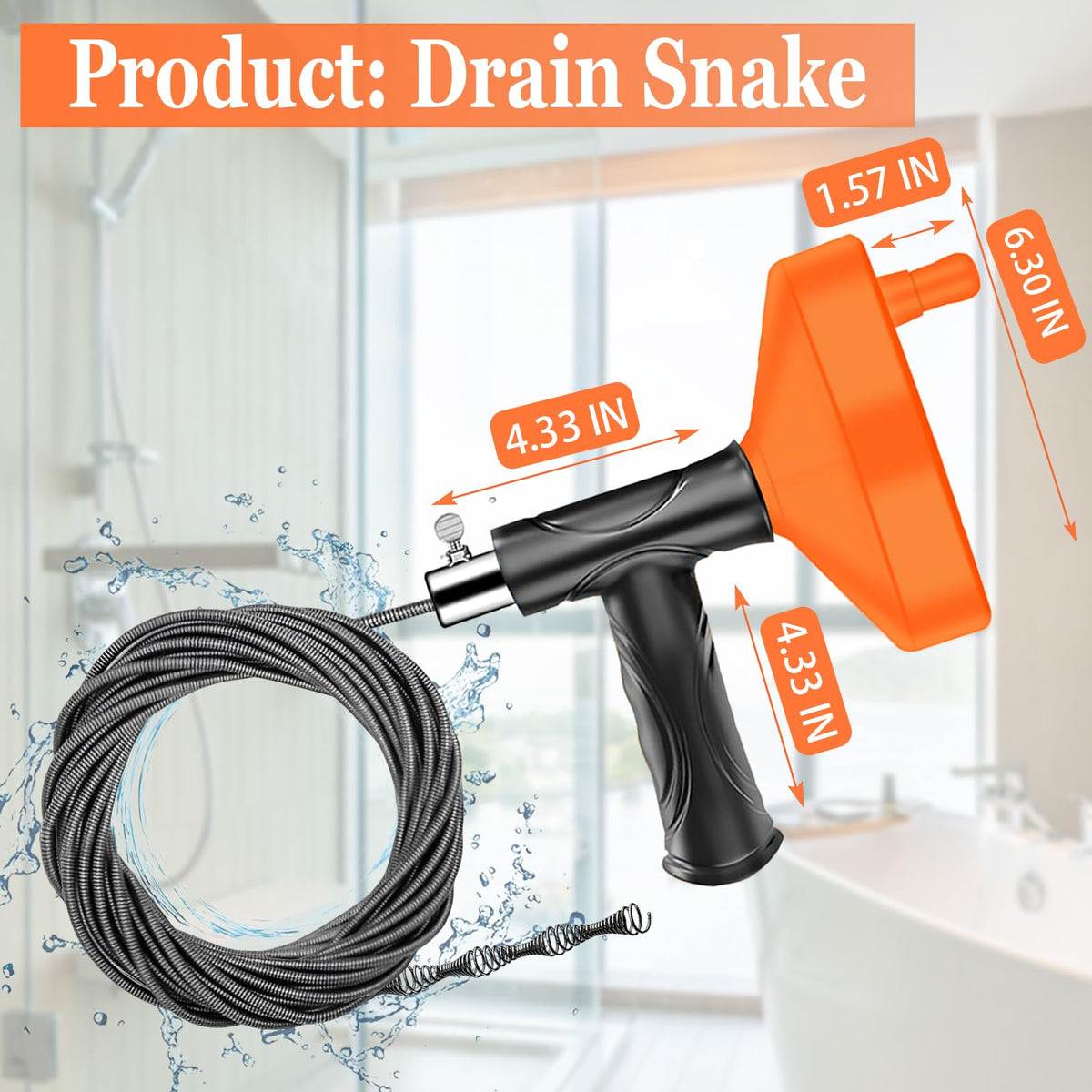 Drain Snake Auger, 33 Feet Plumbing Snake Drain Hair Clog Removal Tool, Sink Unclogger Drain, Heavy Duty Toilet Snake Auger, Cleaner Tool for Bathroom Kitchen Tub Shower Drain Clog Remover with Gloves
