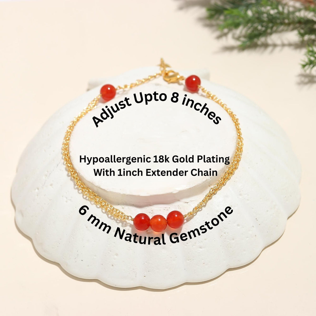 POSHPENDANT Handmade Carnelian Bead Bracelet – Natural 6mm Carnelian Beads – Vitality & Motivation – Dual Gold Brass Chain – Adjustable 7+1 Inch – Spiritual Gift for Her