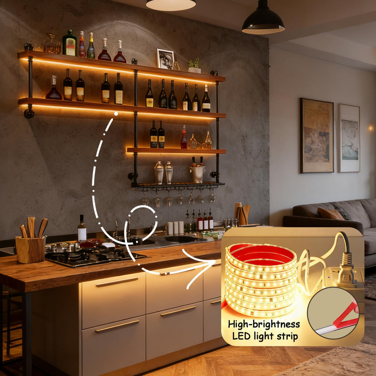TAUODUYY 59.1in Large Wine Rack with LED Light, 4 Tiers Solid Wood Wall Mounted Wine Rack, Industrial Liquor Bottles Floating Shelves with Glass Holder for Home Bar/Dining Room (59.1in/150cm)