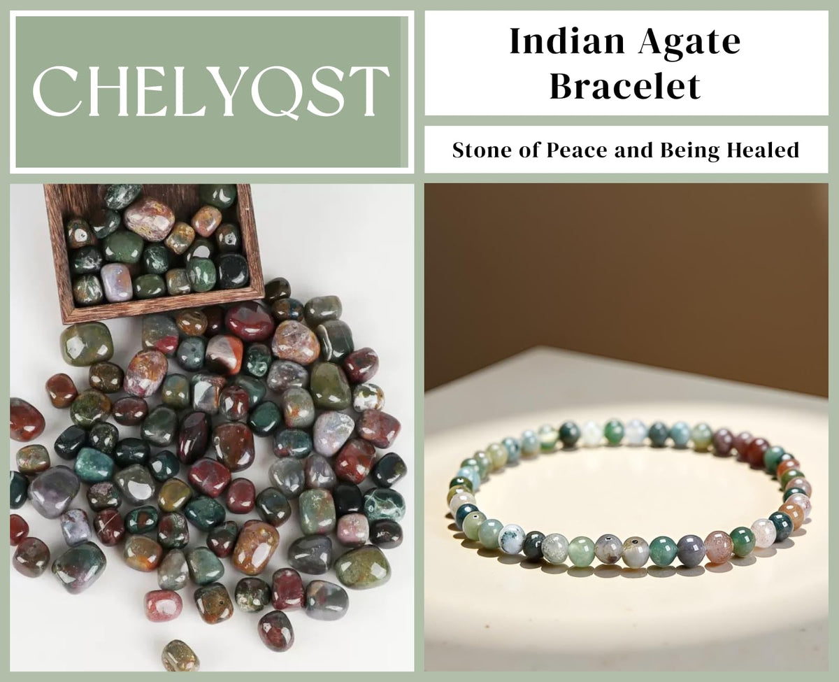 CHELYQST Indian Agate Bracelet - Stone of Peace and Being Healed,Stretch Natural Stone Crystal Beads Jewelry Gifts for Women Men Unisex Adult,4mm