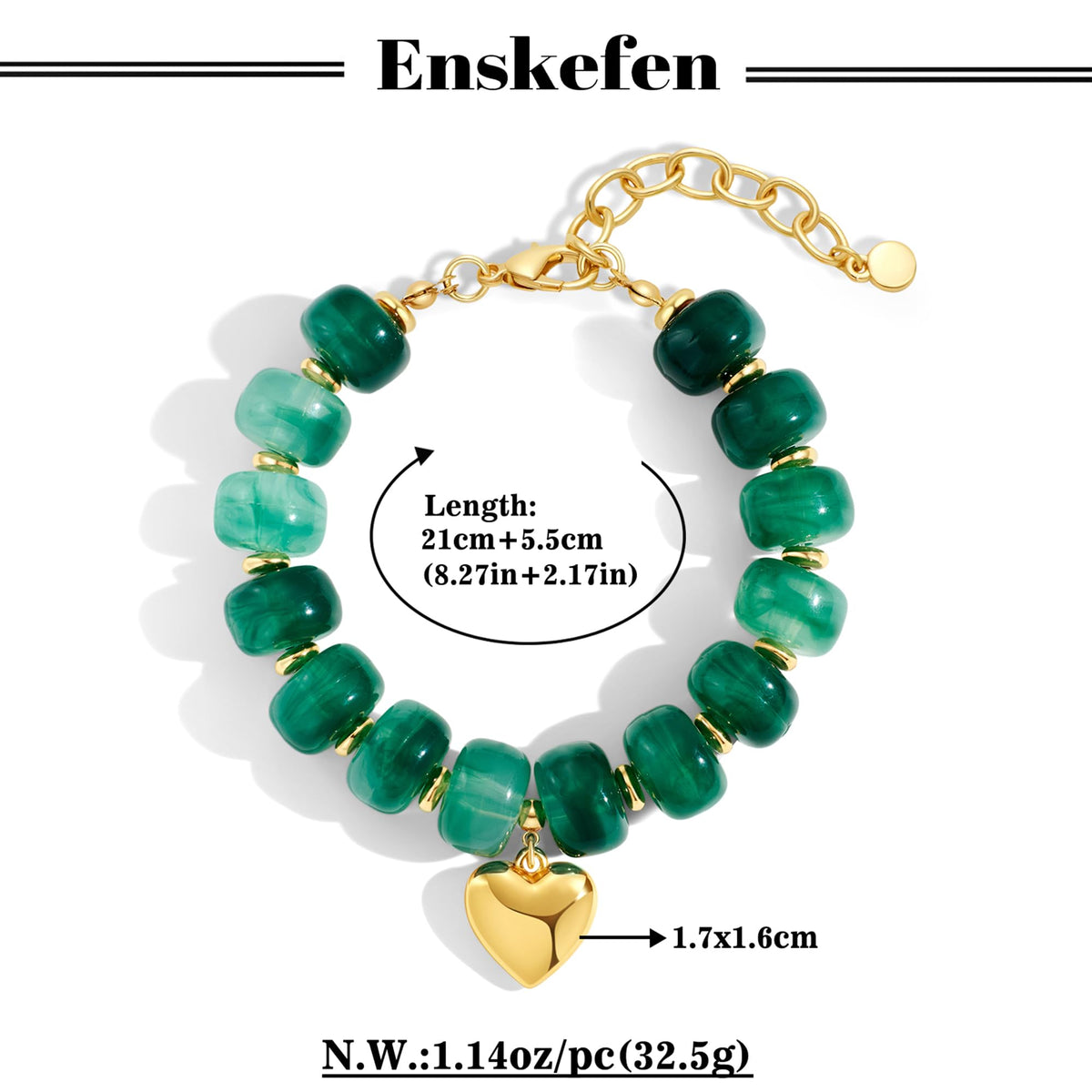 ENSKEFEN Green Beaded Heart Charm Bracelet for Women Boho Chunky Acrylic Beaded Bracelet Adjustable Heart Bracelets