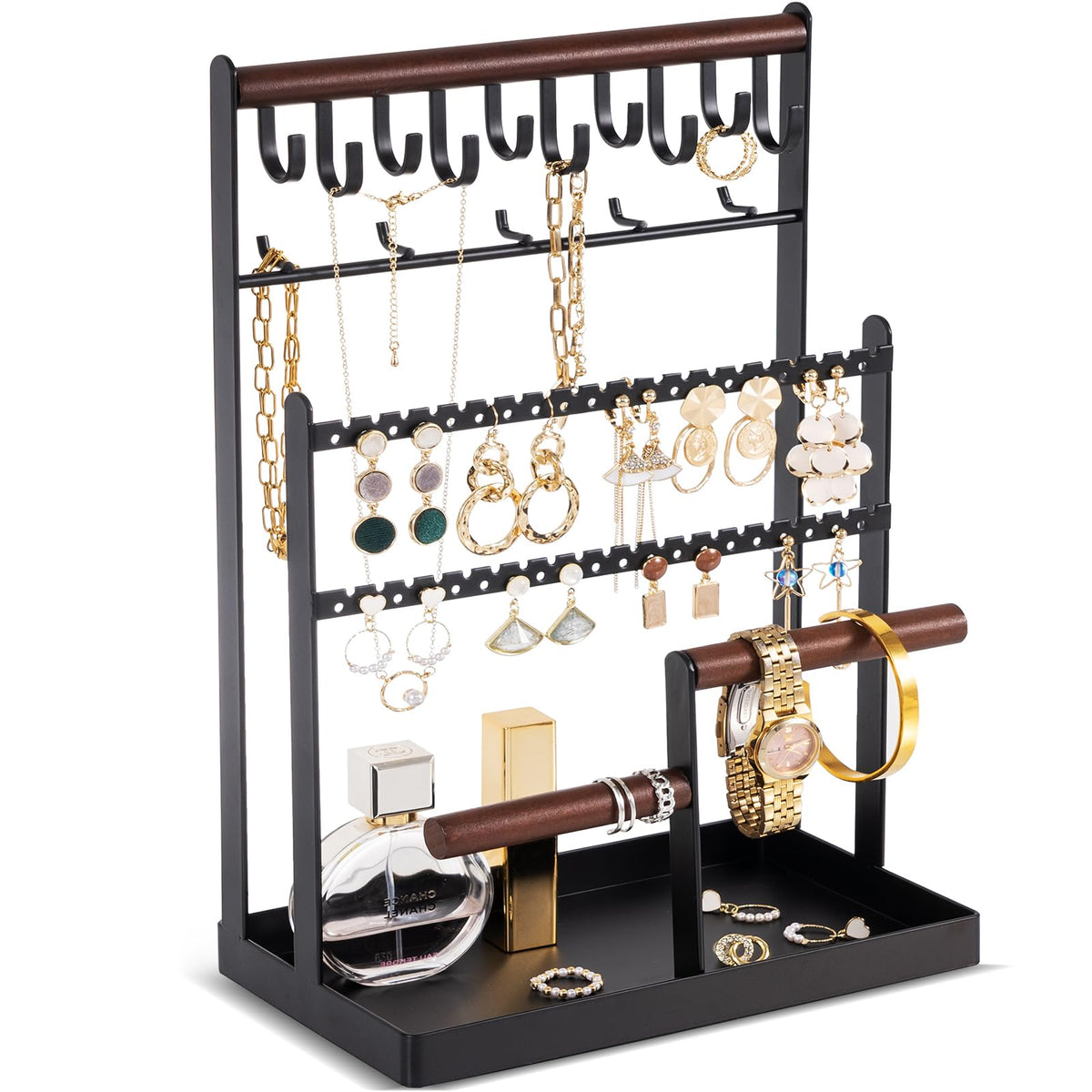ProCase Jewelry Organizer Stand Necklace Organizer Earring Holder, 6 Tier Jewelry Stand Necklace Holder with 15 Hooks, Jewelry Tower Display Rack Storage Tree for Bracelets Earrings Rings -Black