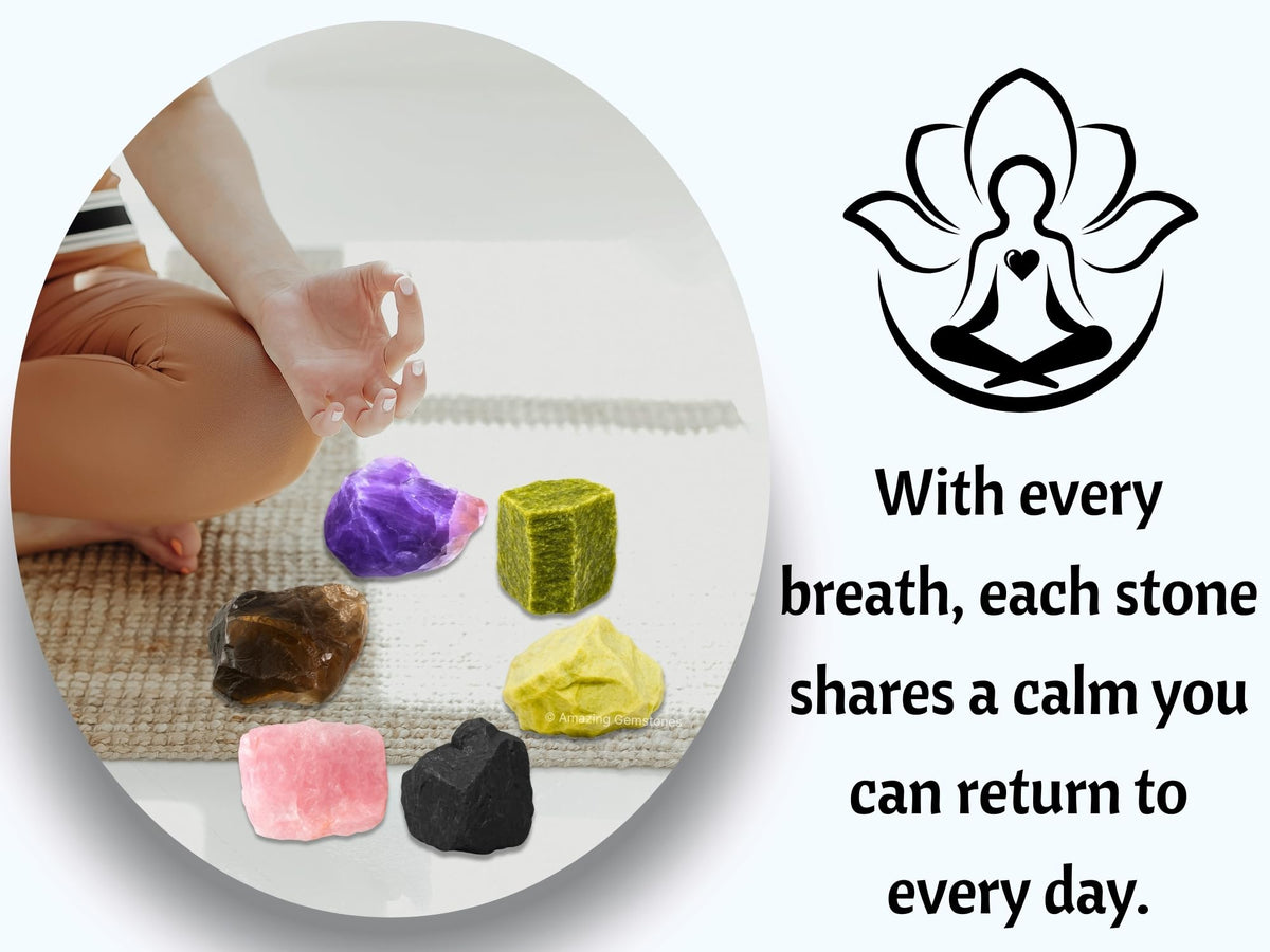 Amazing Gemstone Crystals for Sleep Manifestation, Set of 6 Amethyst, Smoky Quartz, Shungite, Vesuvianite, Serpentine and Rose Quartz Healing Crystals and Stones