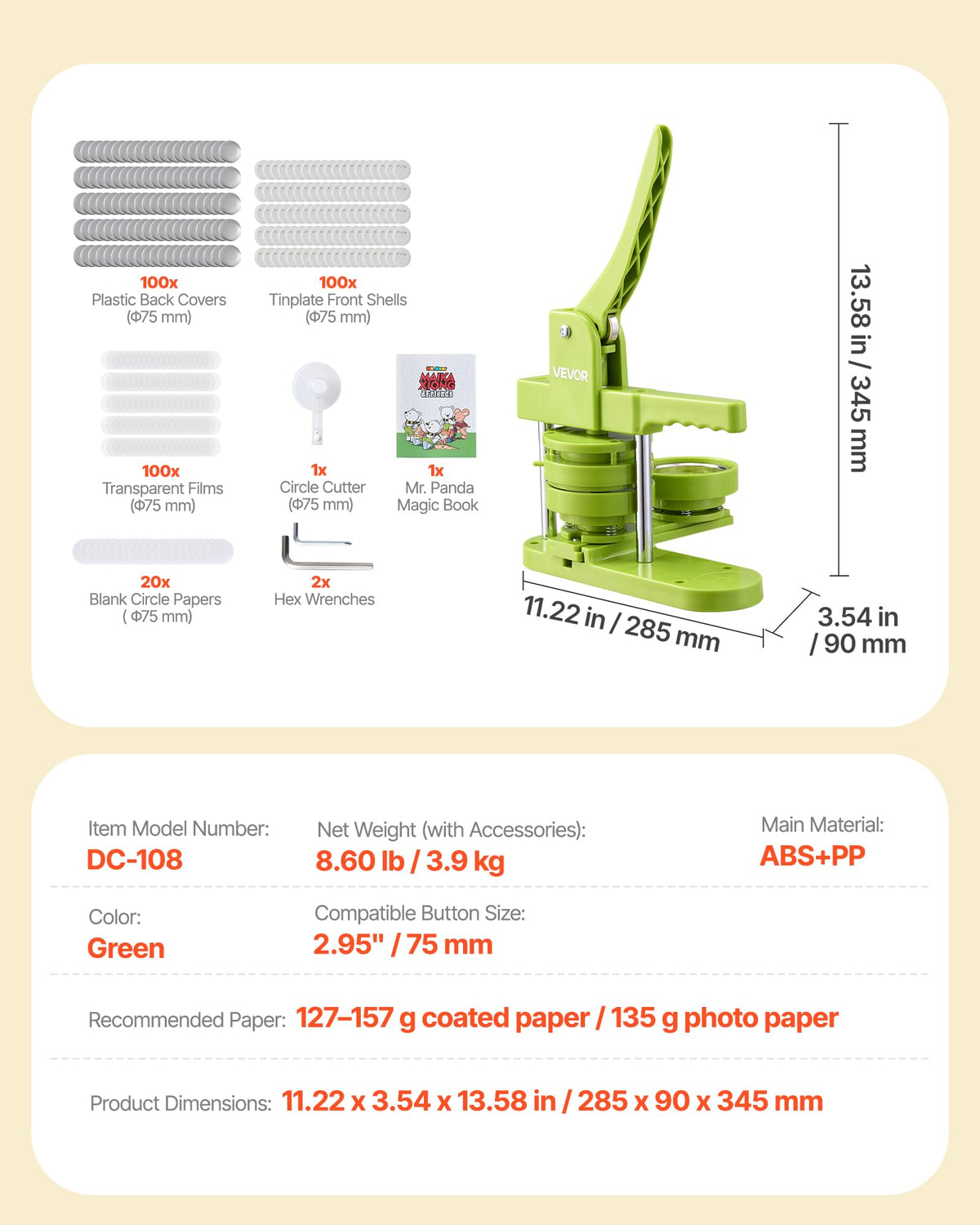 VEVOR Button Maker Machine, 3in/75mm Plastic Pin Maker with 100pcs Button Parts, Mr. Panda Magic Book, Circle Cutter and Hex Wrenches, Reinforced Ergonomic Handle, for DIY Badges, Personalized Pins