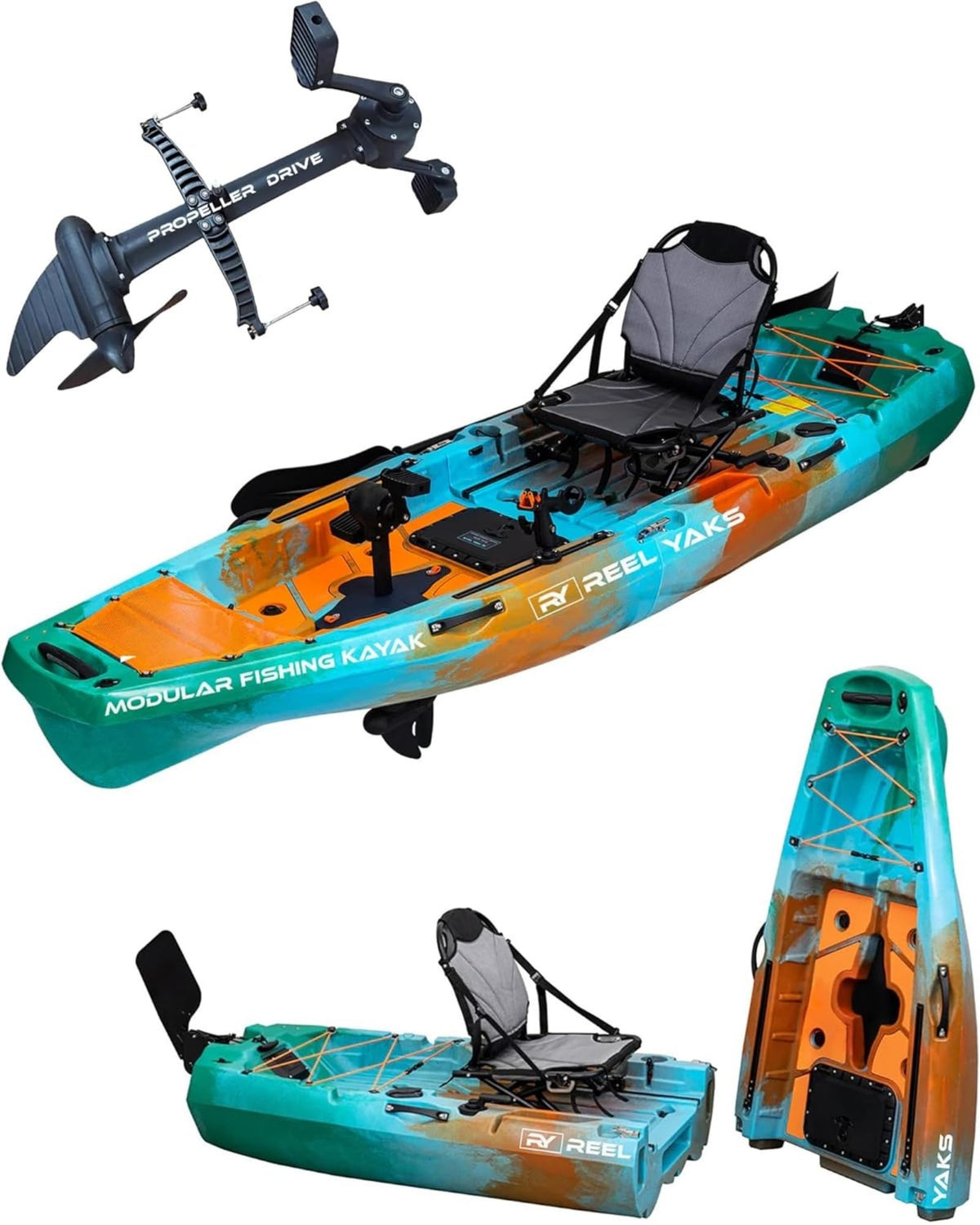 Reel Yaks Radar Modular Fishing Kayak - Propeller Drive, 9.5ft, 400 lbs Capacity, Sunrise - Pedal Fishing Kayaks for Adults & Youth, Sit on Top, Compact Storage, Lightweight, Durable, Easy Transport