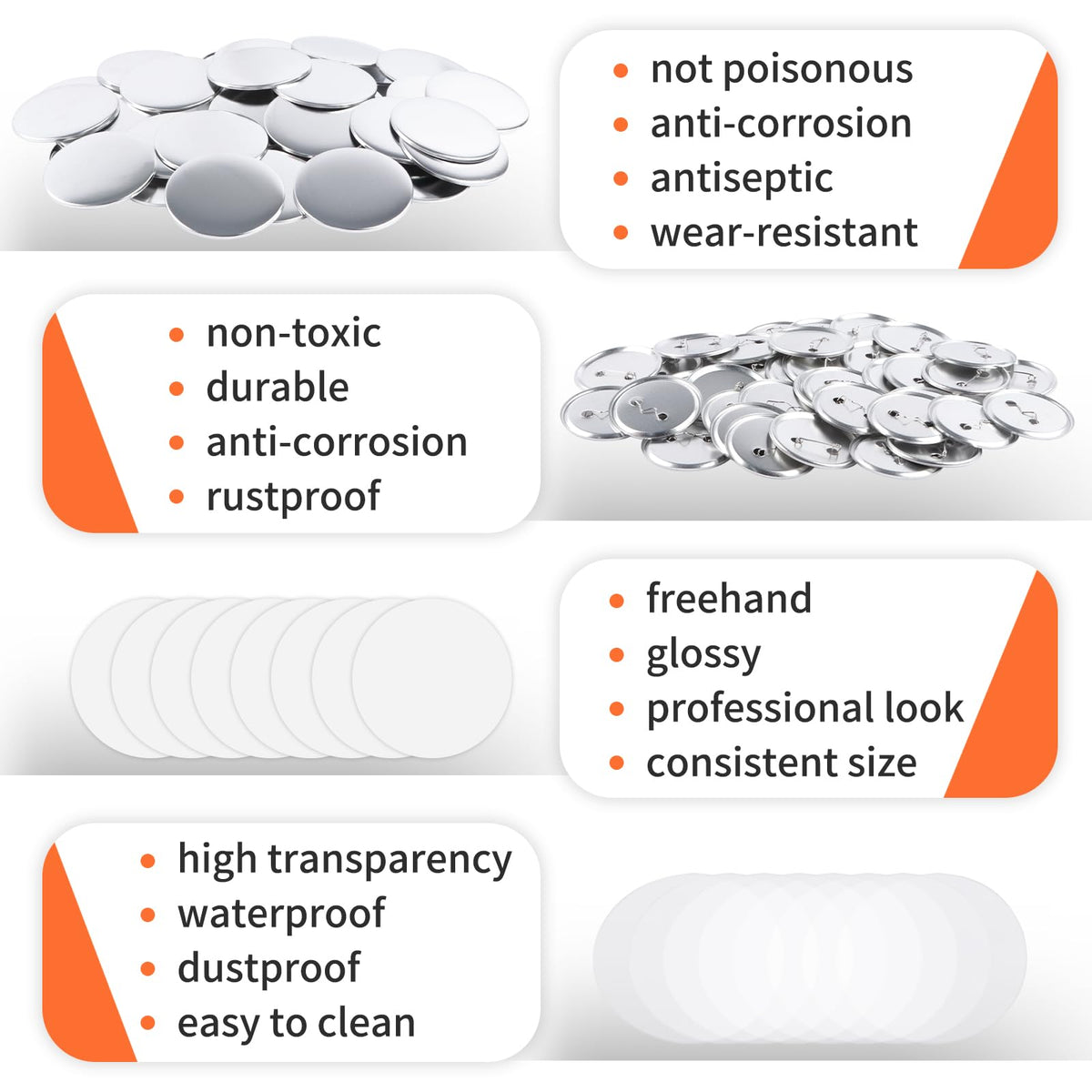 75mm Metal Blank Button Supplies Button Making Parts, 100 Sets 75mm/3 inch Pin Maker Parts Badge Supplies for Button Maker Machine, Including Metal Back Cover Metal Shells Clear Film and Paper