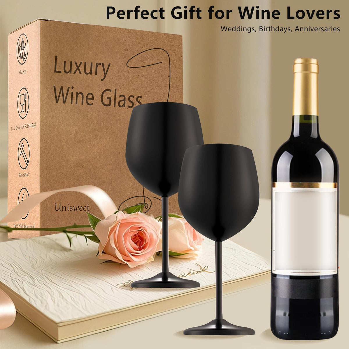 UNISWEET Stainless Steel Wine Glasses Set of 4 Unbreakable Wine Glass 18 oz Unique Metal Wine Goblets for Outdoor, Travel, Camping, Pool, Ideal Gift for Wine Lovers (Matte-Black)