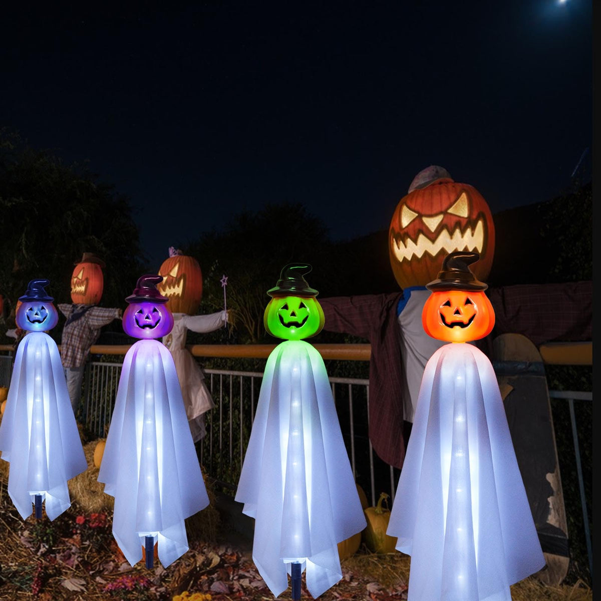 Homeleo Set of 4 Solar Pumpkin Ghost Lights for Halloween Decorations Outdoor, Light up Floating Scary Ghosts Pumpkins Witch Hat Stake Lights for Porch Yard Outside Pathway Halloween Party Decor