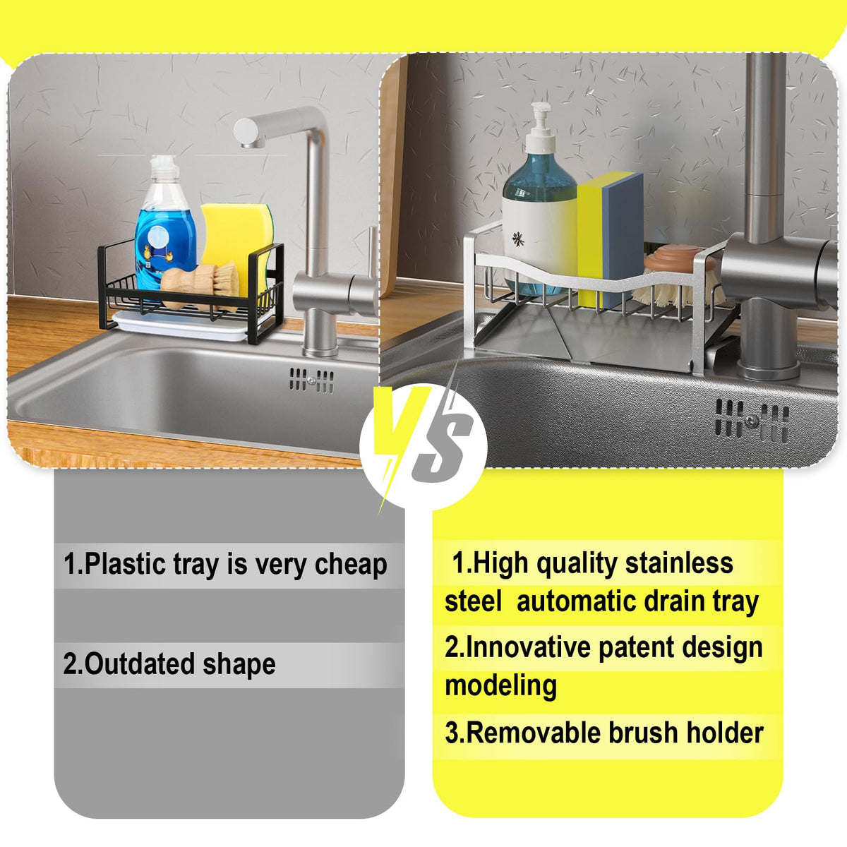 Maifan Kitchen Sink Caddy Organizer Sponge Holder for Kitchen Sink with Stainless Steel Auto Drain Tray, Self Drain Dish Soap Sponge Caddy Rack for Countertop Storage Gadgets Silver Grey