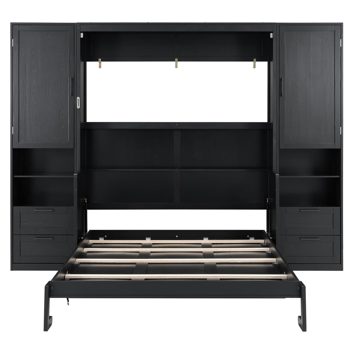 Merax Queen Size Murphy Bed with Desk, Multifunctional Foldable Wall Bed with Closet, Drawers and Shelves, Space-Saving Wood Bed Frame for Small Space Studio Study Office Guest Room, Black(Oak Veneer)