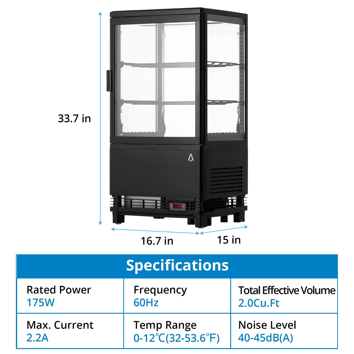 2.1 Cu.FT Refrigerator Display Case Commercial, Commercial Single-Door Display Fridge with Interior LED Lighting, Double-Layered Glass Commercial Countertop Bakery Display Refrigerator, Display Case