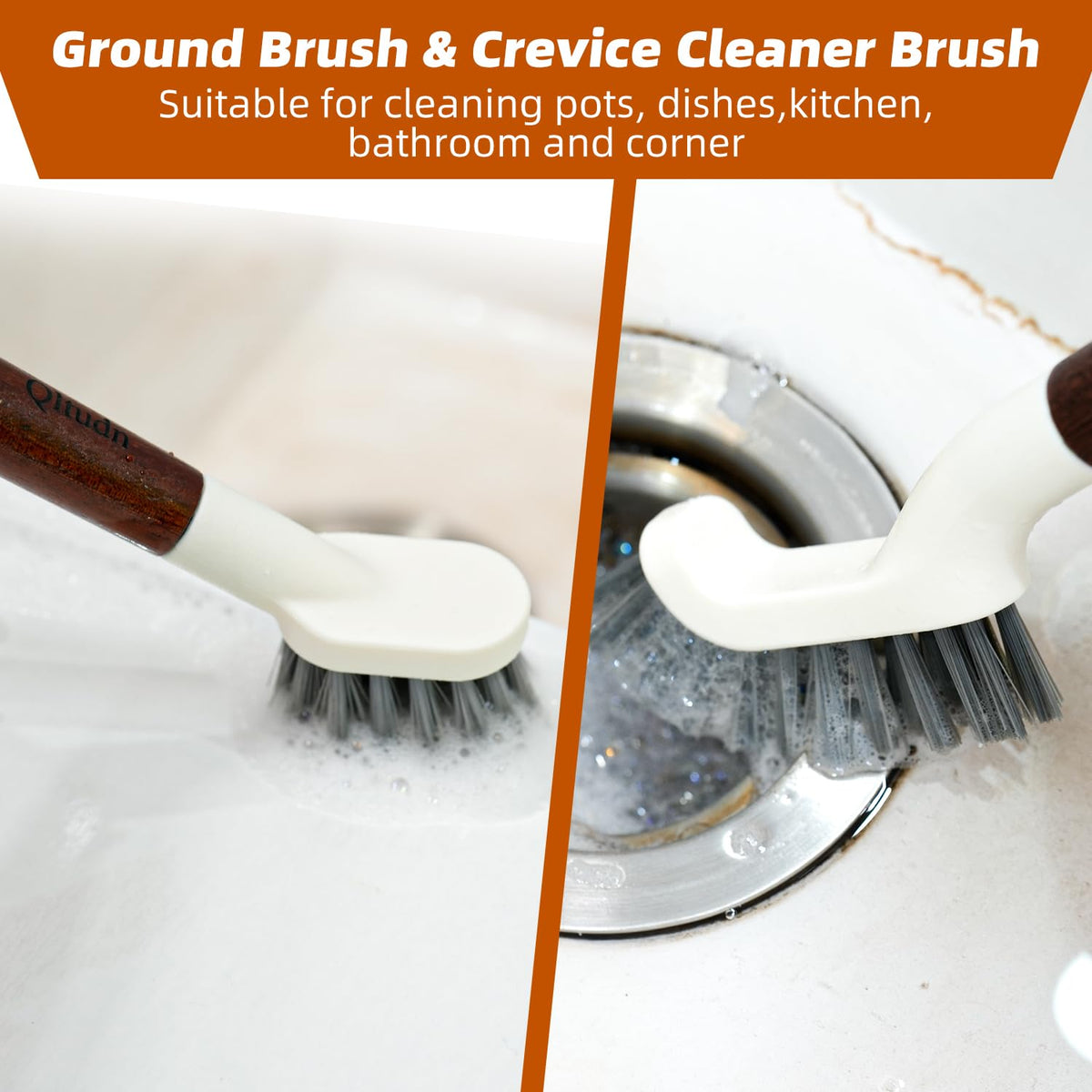 QLTUDN 4-Pack Heavy Duty Scrub Brushes with 11" Sapele Wood Handle – PBT Bristles & TPR Loop – Kitchen, Bathroom, Grout, Dish & Tile Cleaner – Durable Non-Slip Multi-Surface Cleaning Brush Set